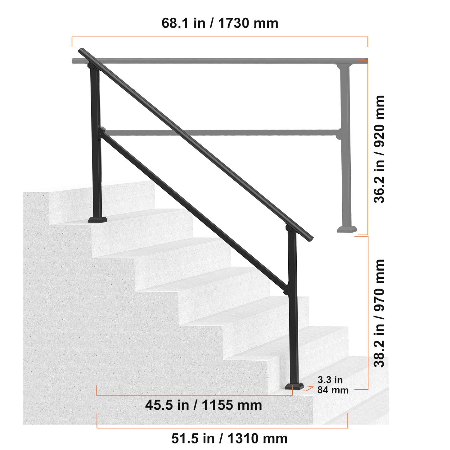 VEVOR Handrails for Outdoor Steps, 5-6 Step Stair Hand Rail Kit, Transitional Carbon Steel Railings with Installation Kit, for Seniors, Concrete