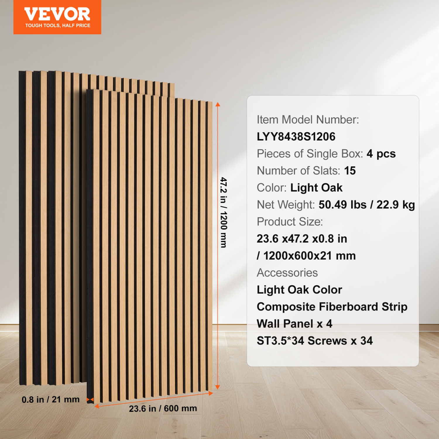 VEVOR 23.6 x 47.2 inch Wood Slat Acoustic Panels, MDF Accent Wooden Wall Panels for Modern Interior Wall Decor, Faux Wood Wall Board Panels for Noise
