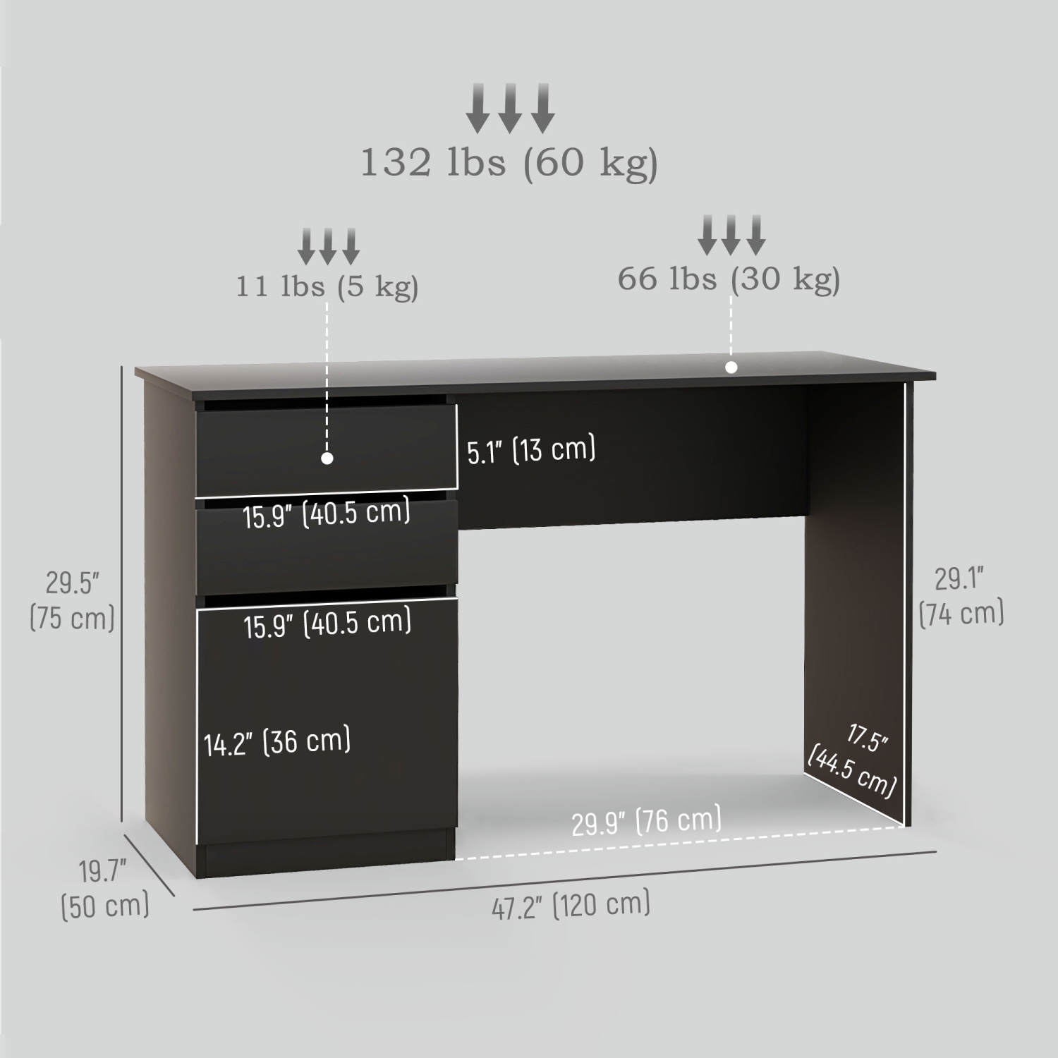 Kepooman Modern Computer Desk, Home Office Desk for Study, Writing Workstation with Storage Drawer and Cabinet for Living Room - Black