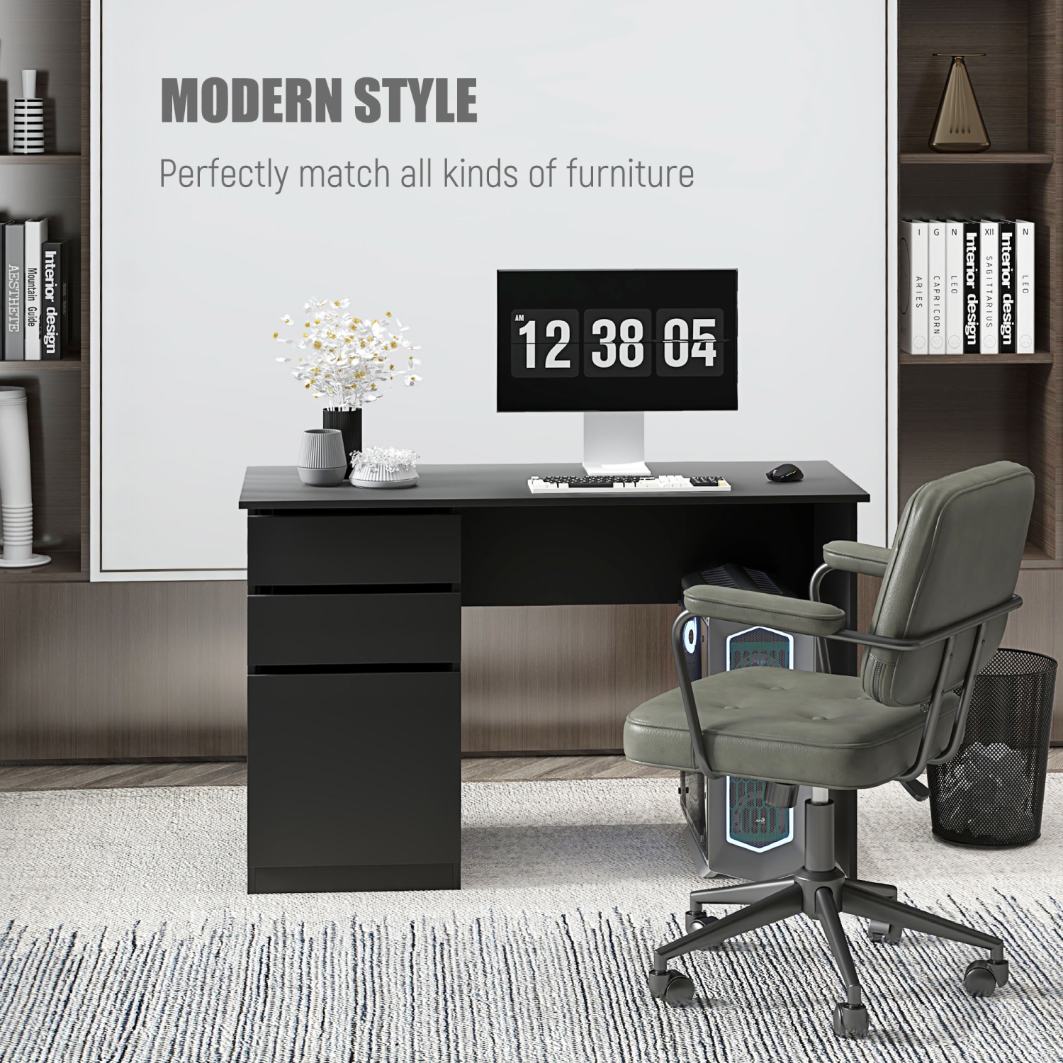 Kepooman Modern Computer Desk, Home Office Desk for Study, Writing Workstation with Storage Drawer and Cabinet for Living Room - Black