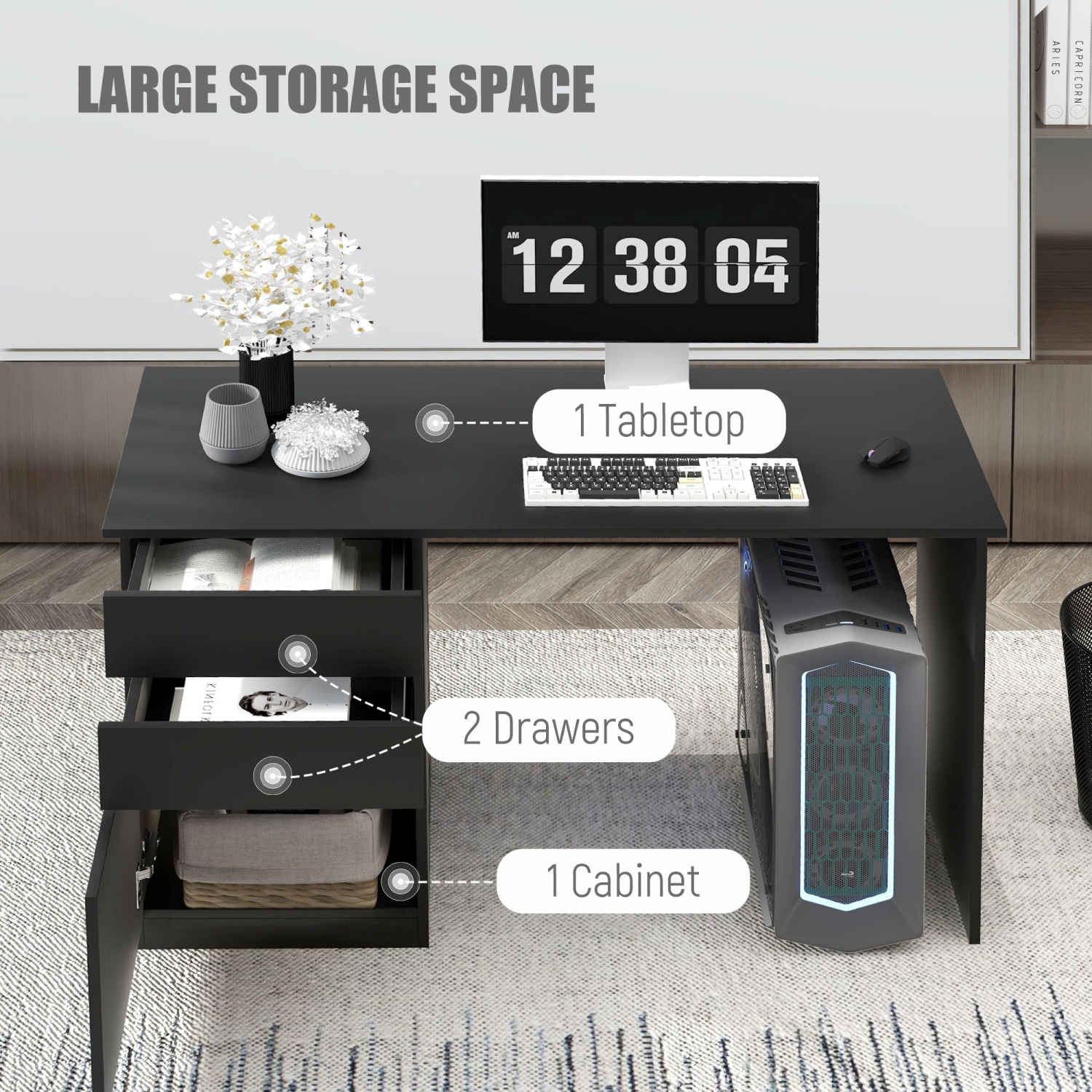 Kepooman Modern Computer Desk, Home Office Desk for Study, Writing Workstation with Storage Drawer and Cabinet for Living Room - Black