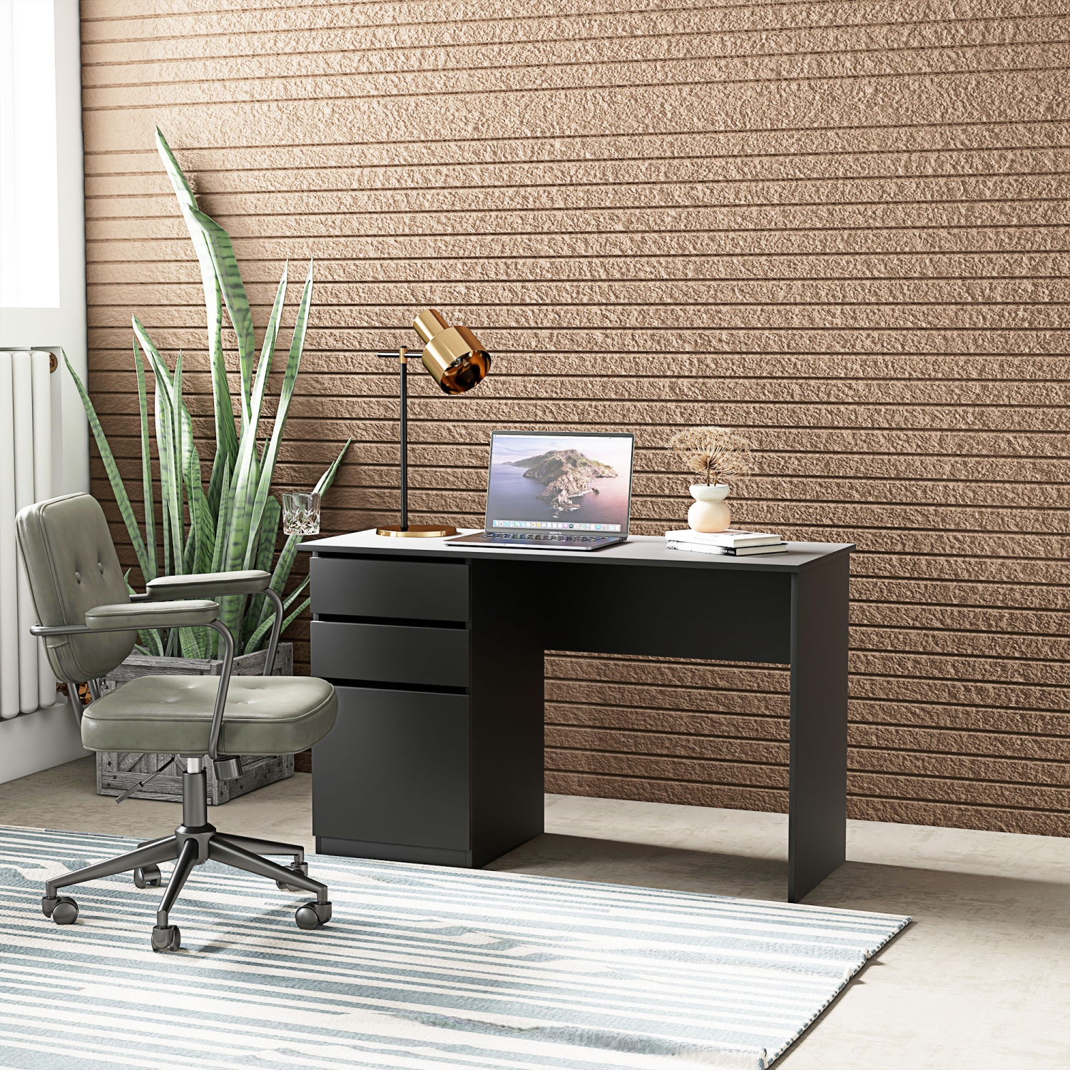 Kepooman Modern Computer Desk, Home Office Desk for Study, Writing Workstation with Storage Drawer and Cabinet for Living Room - Black