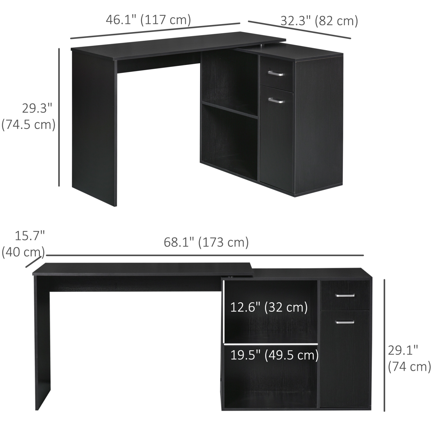Kepooman 180° Rotating Home Office Corner Desk Storage Shelf Cabinet - Black