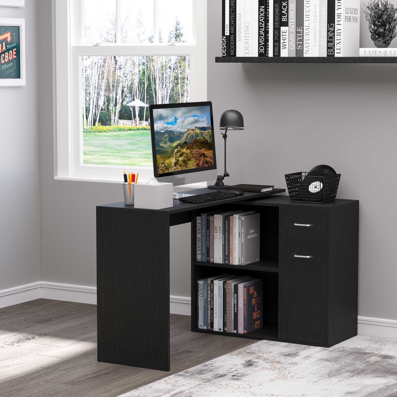 Kepooman 180° Rotating Home Office Corner Desk Storage Shelf Cabinet - Black