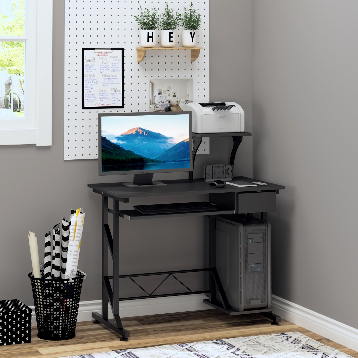 Kepooman Computer Desk with Keyboard Tray, Writing Desk with Drawer, Workstation for Home Office, Black