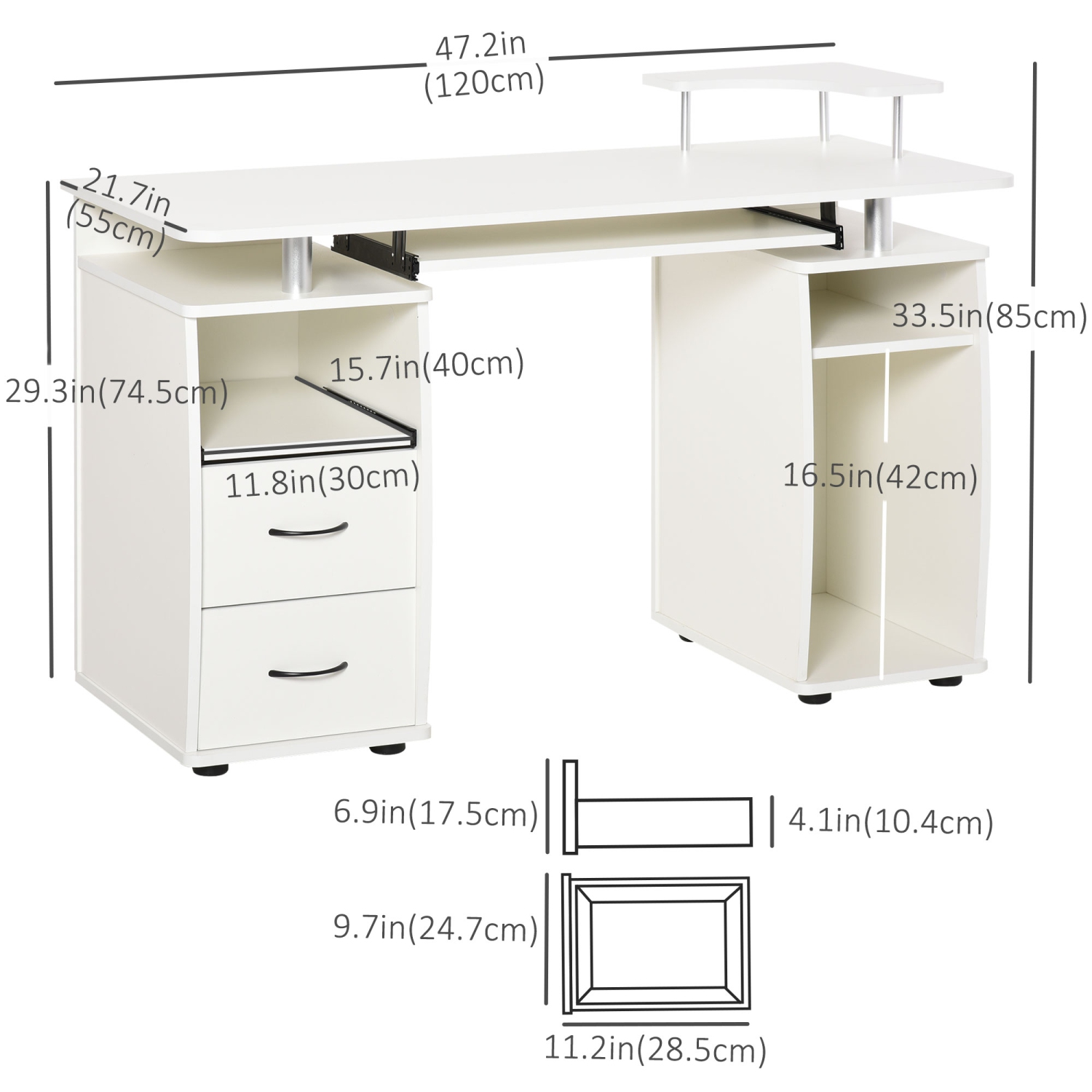 Kepooman Computer Desk with Keyboard Tray, CPU Stand, Writing Desk with Drawers, Workstation for Home Office, White