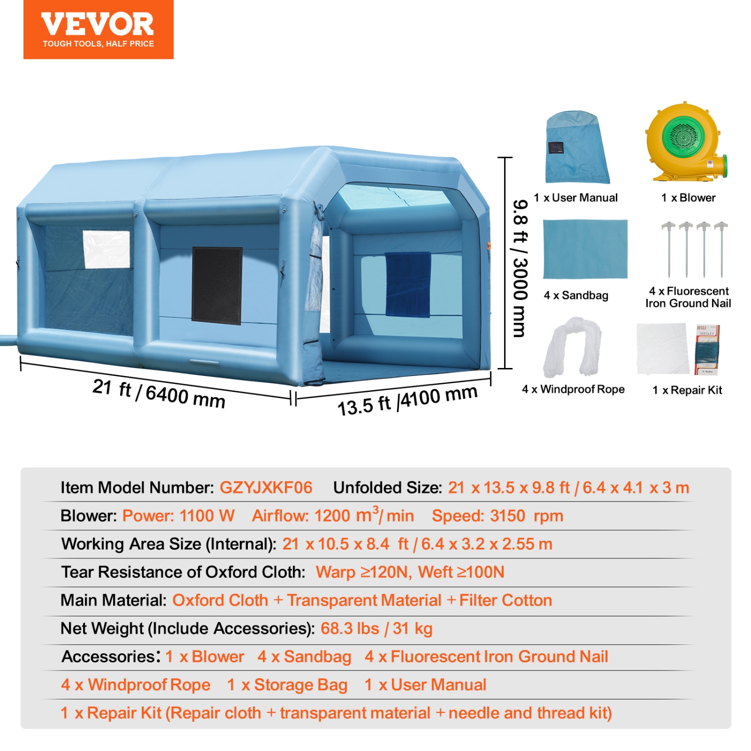 VEVOR 21 x 13.5 x 9.8 ft Inflatable Paint Booth, Inflatable Spray Booth, with 1100W Powerful Blower and Air Filter System, Large Furniture Painting,