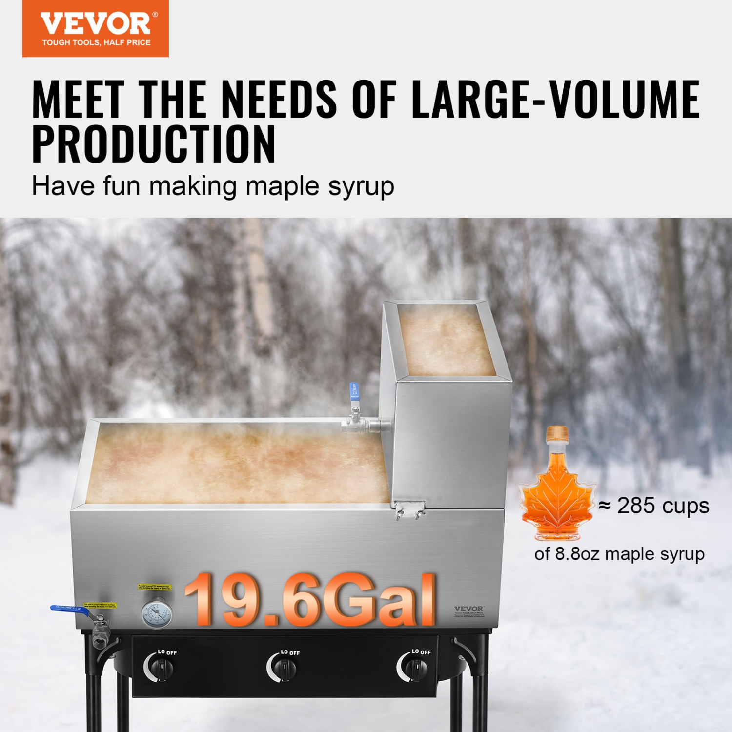 VEVOR 19.6 Gallon Maple Syrup Evaporator Pan, 285 Cups of 8.8oz Maple Syrup, Flat Pan with Thermometer, 2 Valves and 3 Heating Methods, 304 Stainless