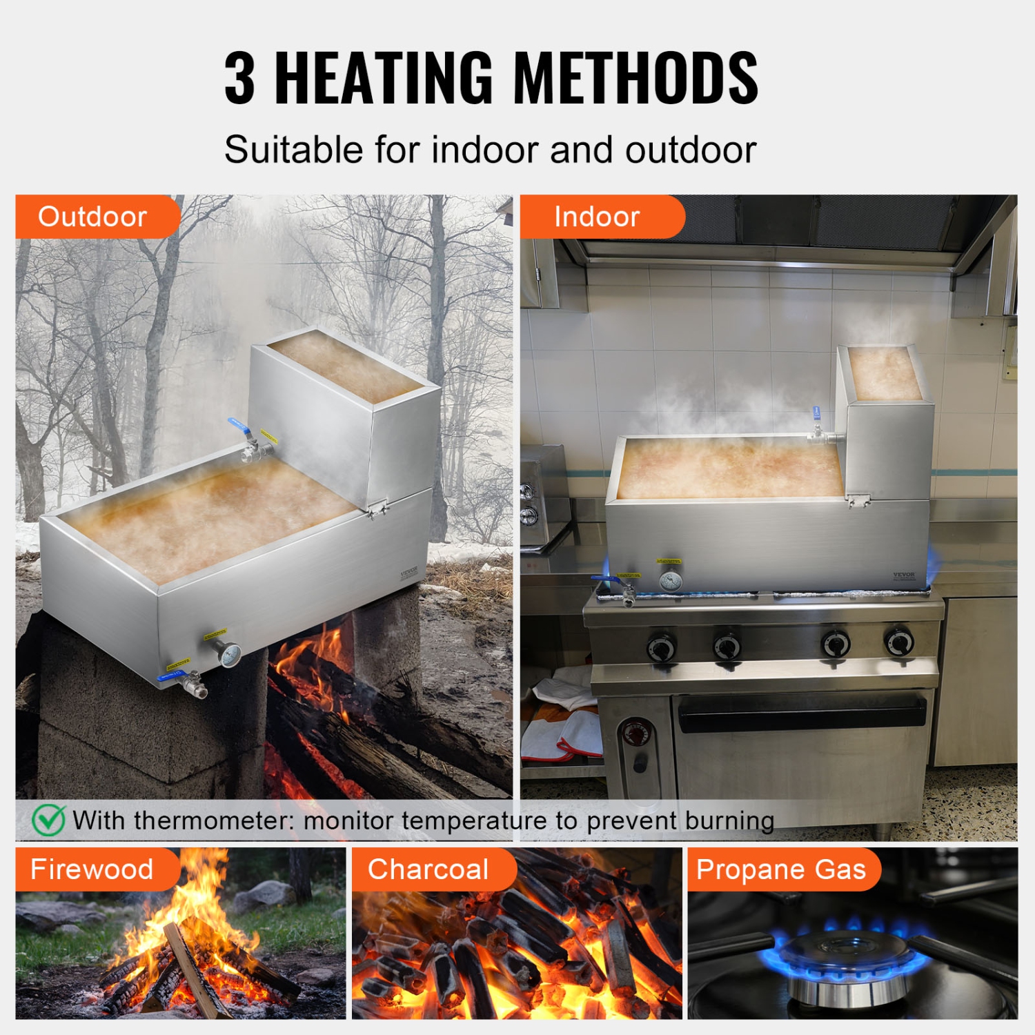 VEVOR 19.6 Gallon Maple Syrup Evaporator Pan, 285 Cups of 8.8oz Maple Syrup, Flat Pan with Thermometer, 2 Valves and 3 Heating Methods, 304 Stainless