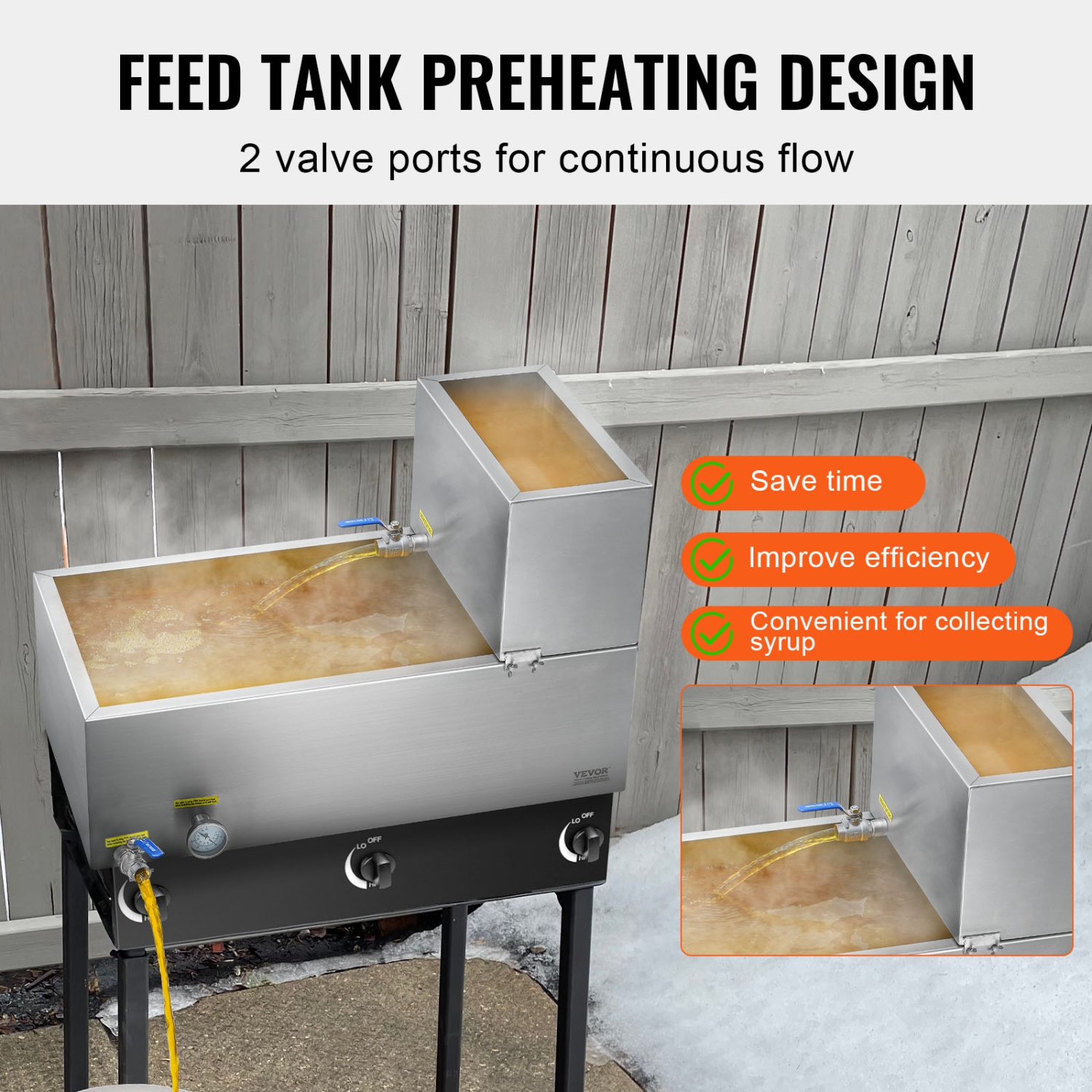 VEVOR 19.6 Gallon Maple Syrup Evaporator Pan, 285 Cups of 8.8oz Maple Syrup, Flat Pan with Thermometer, 2 Valves and 3 Heating Methods, 304 Stainless