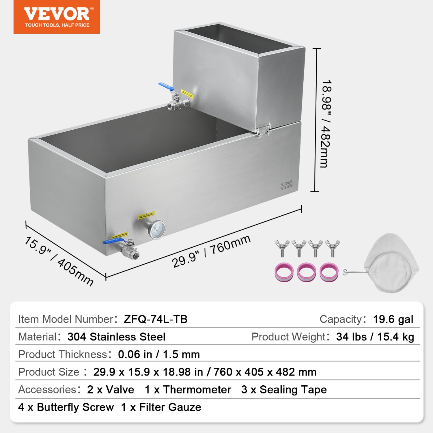 VEVOR 19.6 Gallon Maple Syrup Evaporator Pan, 285 Cups of 8.8oz Maple Syrup, Flat Pan with Thermometer, 2 Valves and 3 Heating Methods, 304 Stainless