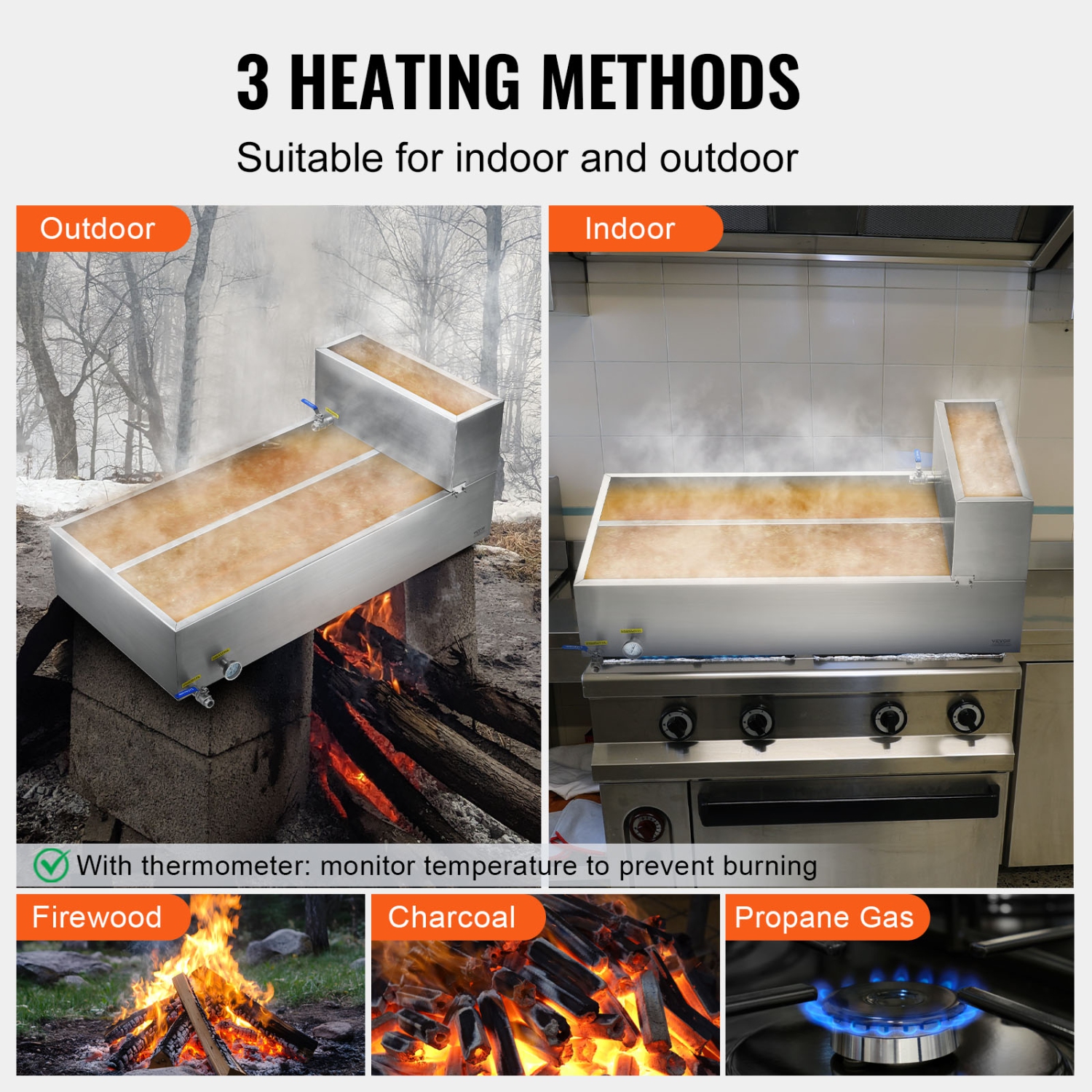 VEVOR 47 Gallon Maple Syrup Evaporator Pan, 683 Cups of 8.8oz Maple Syrup, Flat Pan with Thermometer, 2 Valves and 3 Heating Methods, 304 Stainless