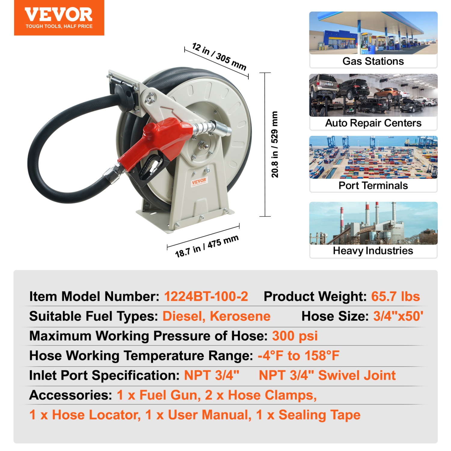 VEVOR 3/4" x 50' Fuel Hose Reel, Extra Long Retractable Diesel Hose Reel, Heavy-Duty Carbon Steel Construction with Automatic Fuel Nozzle, NBR Rubber