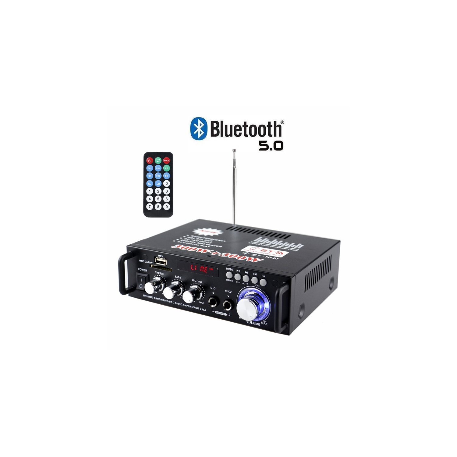 Amplificateur compatible Bluetooth Audio stéréo Power AMP USB FM Radio pour l'auto avec télécommande 2 canaux Audio stéréo