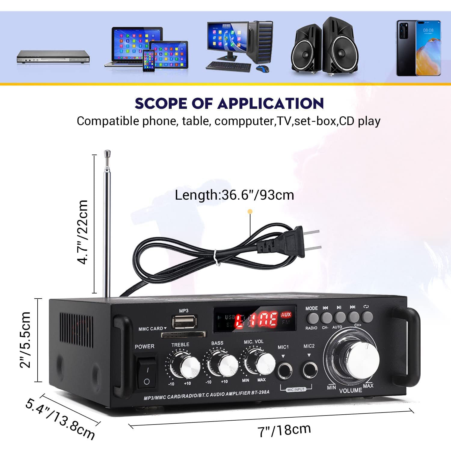 Amplificateur compatible Bluetooth Audio stéréo Power AMP USB FM Radio pour l'auto avec télécommande 2 canaux Audio stéréo