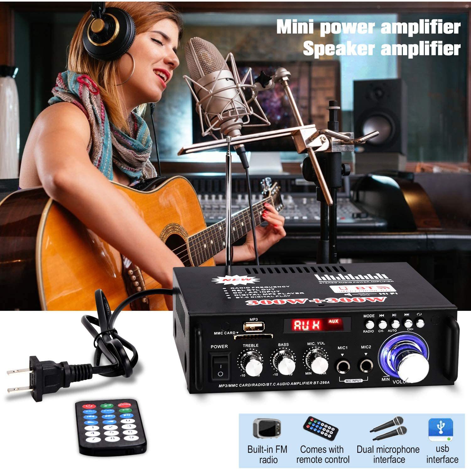 Amplificateur compatible Bluetooth Audio stéréo Power AMP USB FM Radio pour l'auto avec télécommande 2 canaux Audio stéréo