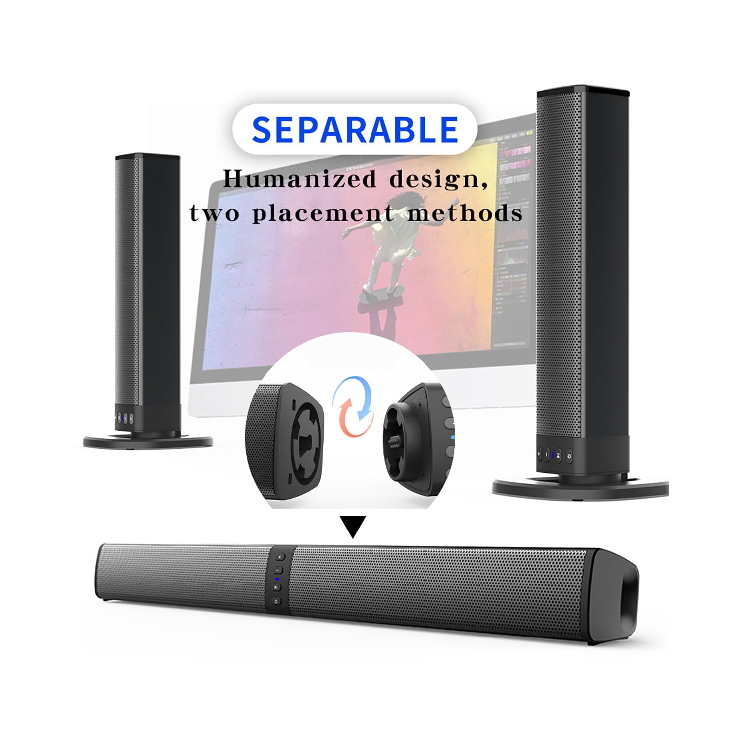 Barre de son amovible pour téléviseur intelligent, barre de son compacte pour la maison pour téléviseur, chaîne audio de cinéma maison rechargeable,