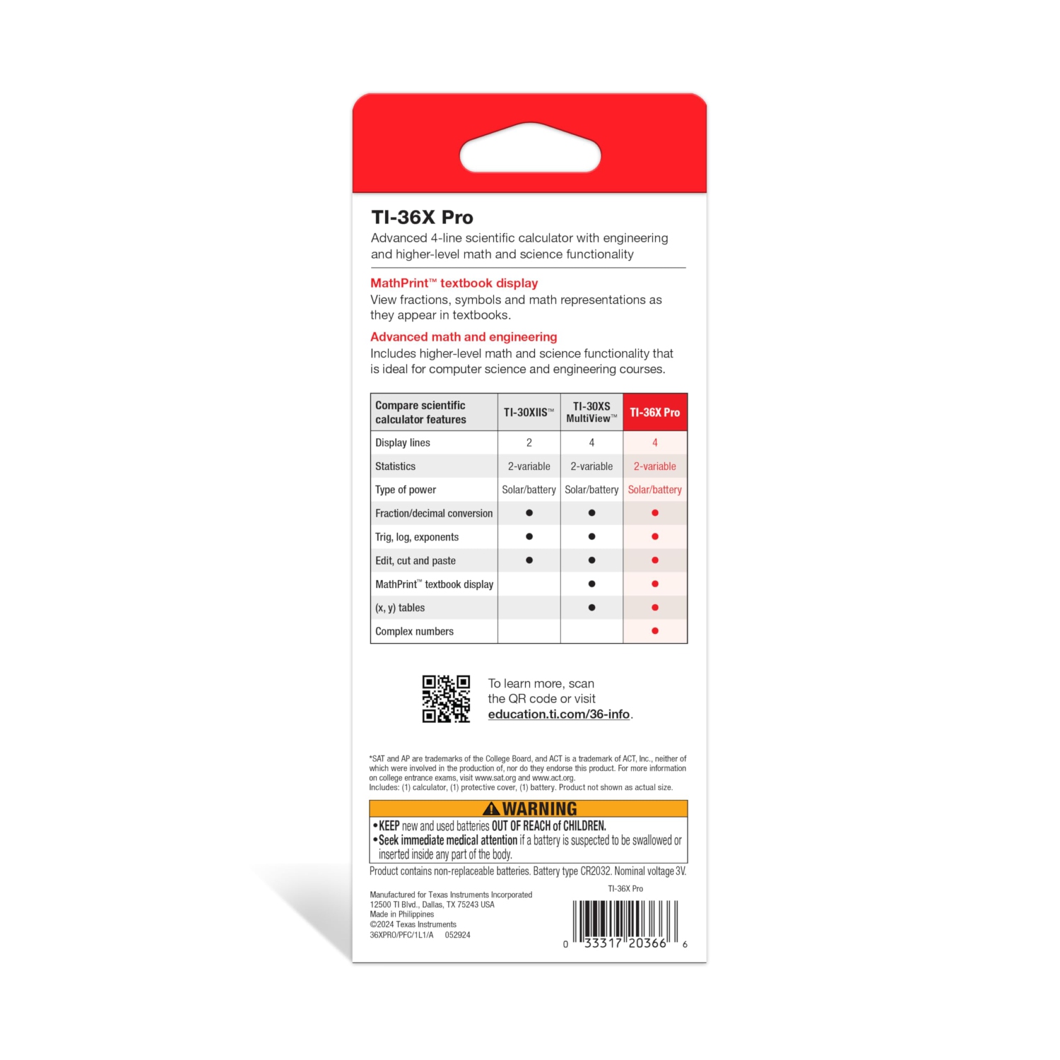 Texas Instruments – Calculatrice TI-36X Pro Engineering/Scientific, noir, 9,7&nbsp;po