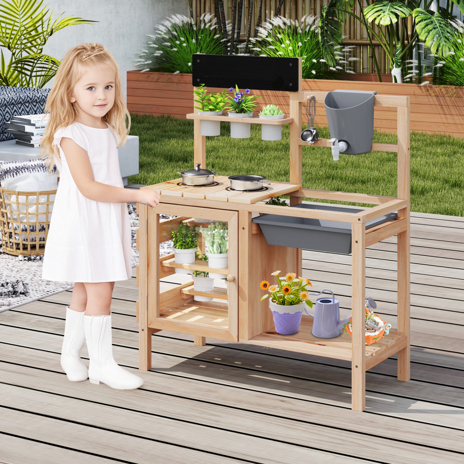Gymax Mud Kitchen Kids Pretend Play Kitchen Toy Set Outdoor Wooden Kitchen Playset