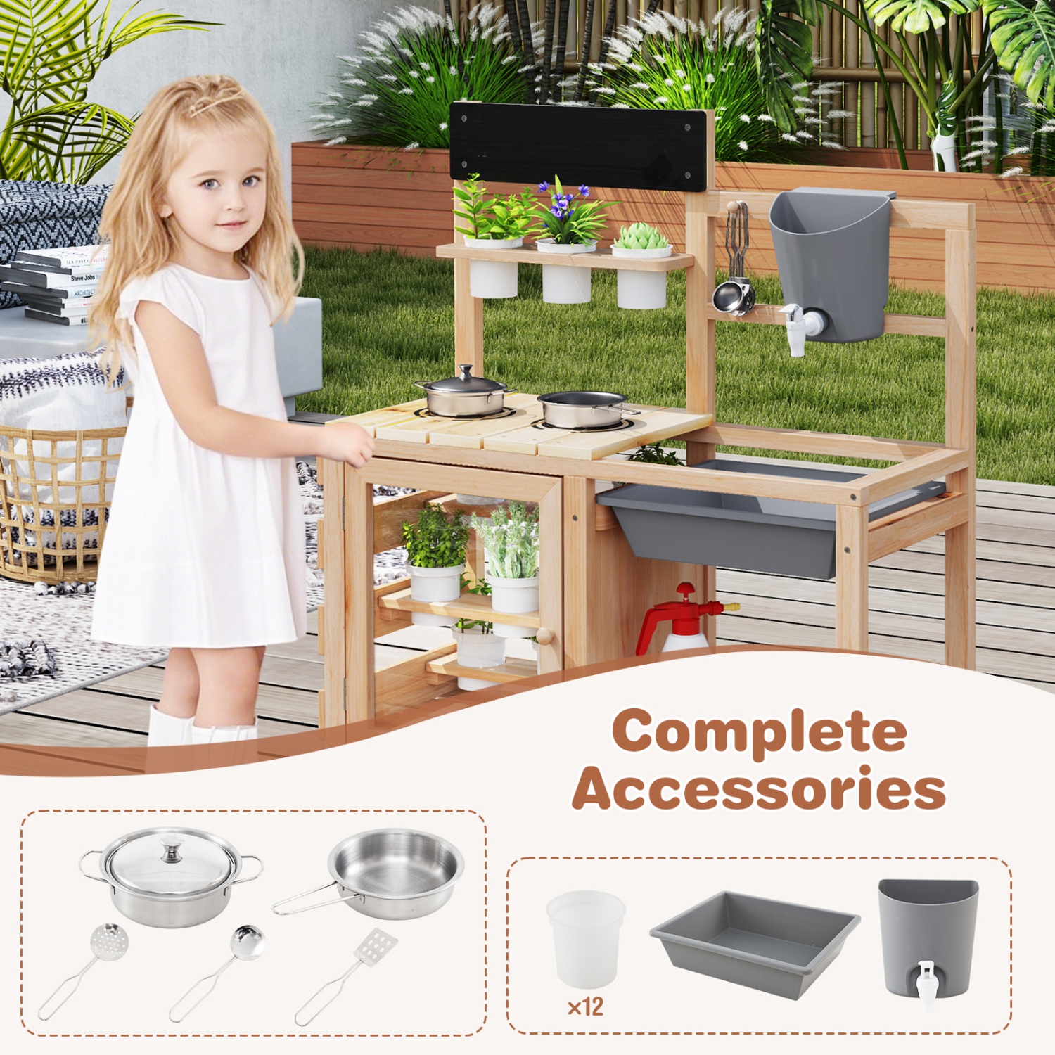 Gymax Mud Kitchen Kids Pretend Play Kitchen Toy Set Outdoor Wooden Kitchen Playset