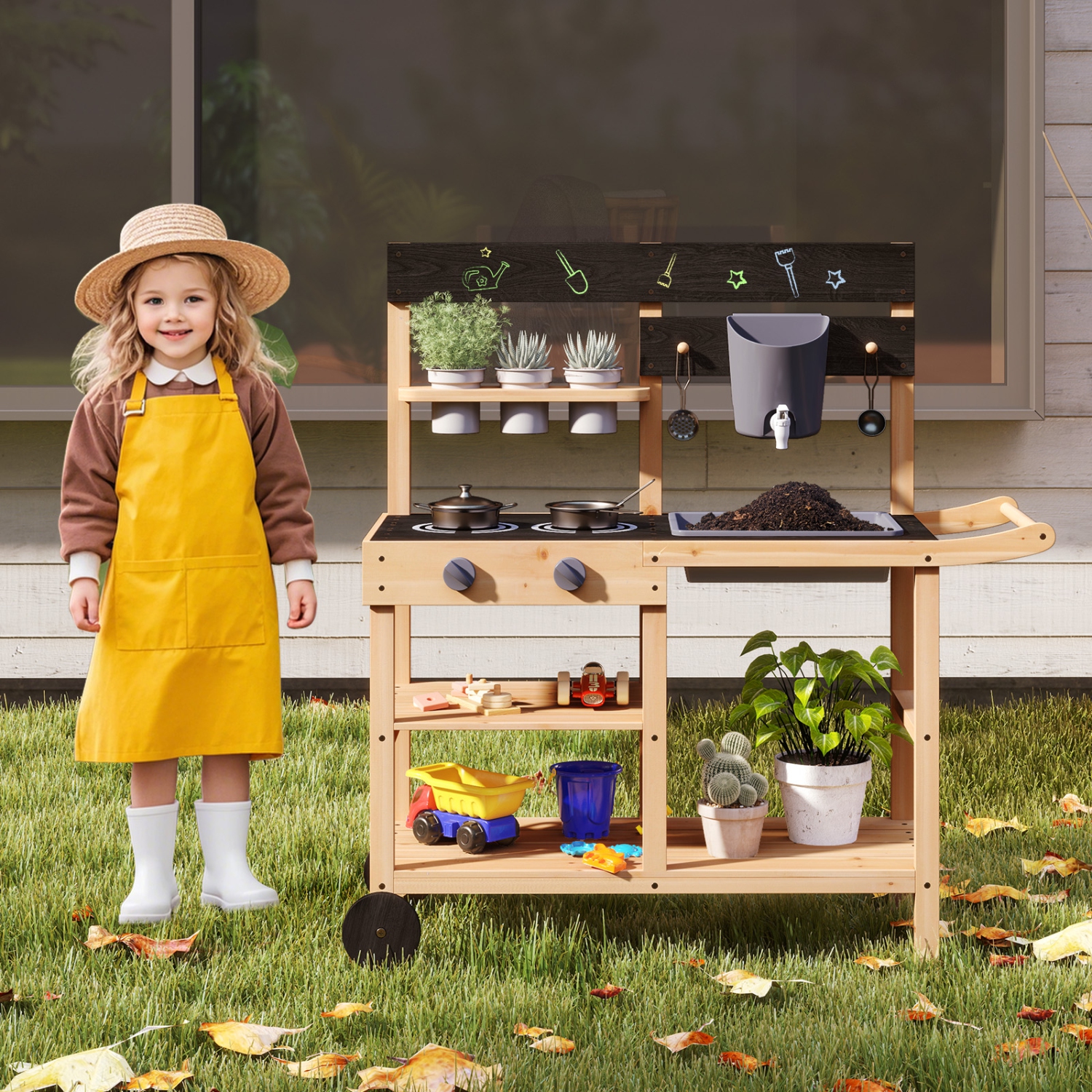 Gymax Mud Kitchen w/ Wheels Outdoor Fir Wood Play Kitchen w/ Blackboard,Planting Pots