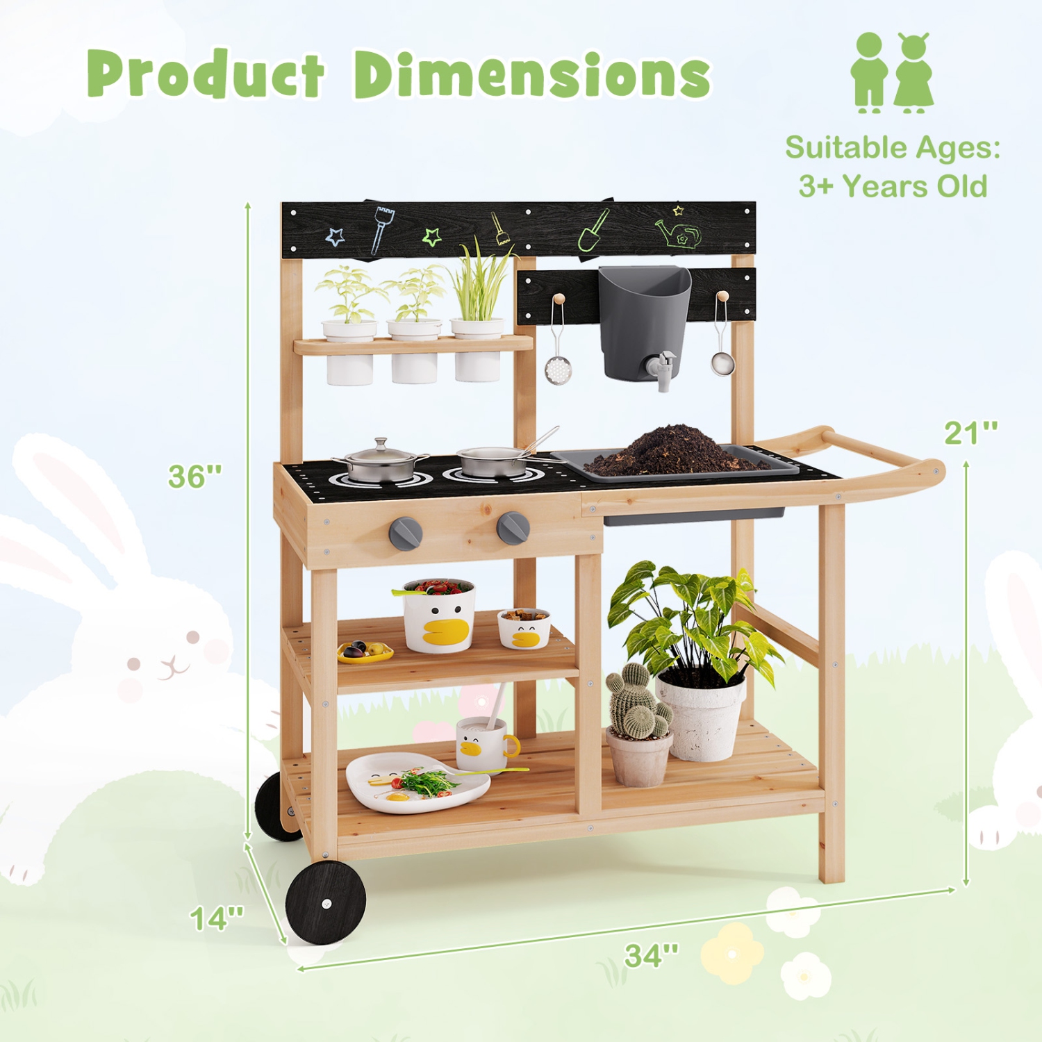 Gymax Mud Kitchen w/ Wheels Outdoor Fir Wood Play Kitchen w/ Blackboard,Planting Pots