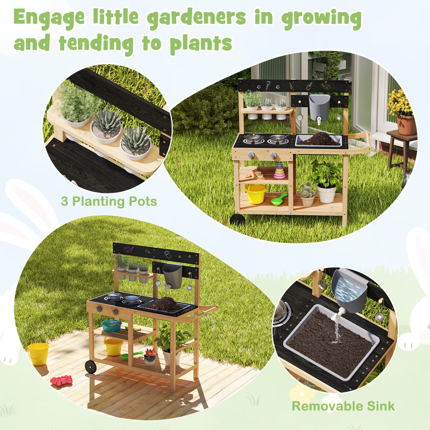 Gymax Mud Kitchen w/ Wheels Outdoor Fir Wood Play Kitchen w/ Blackboard,Planting Pots