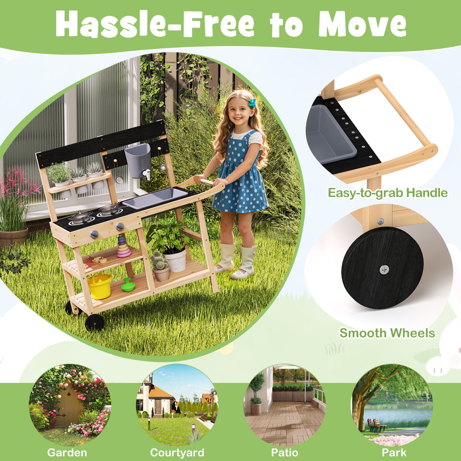 Gymax Mud Kitchen w/ Wheels Outdoor Fir Wood Play Kitchen w/ Blackboard,Planting Pots