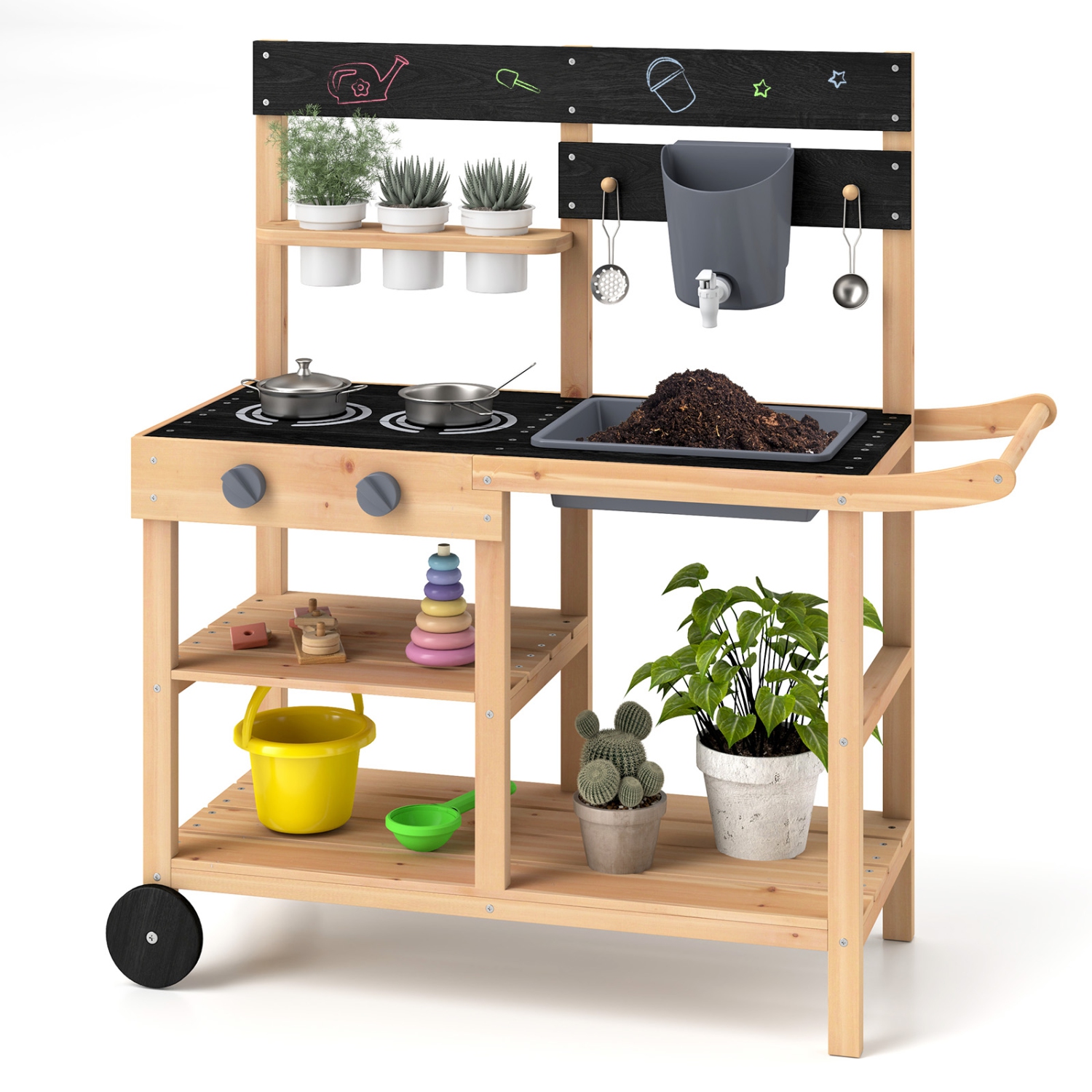 Gymax Mud Kitchen w/ Wheels Outdoor Fir Wood Play Kitchen w/ Blackboard,Planting Pots