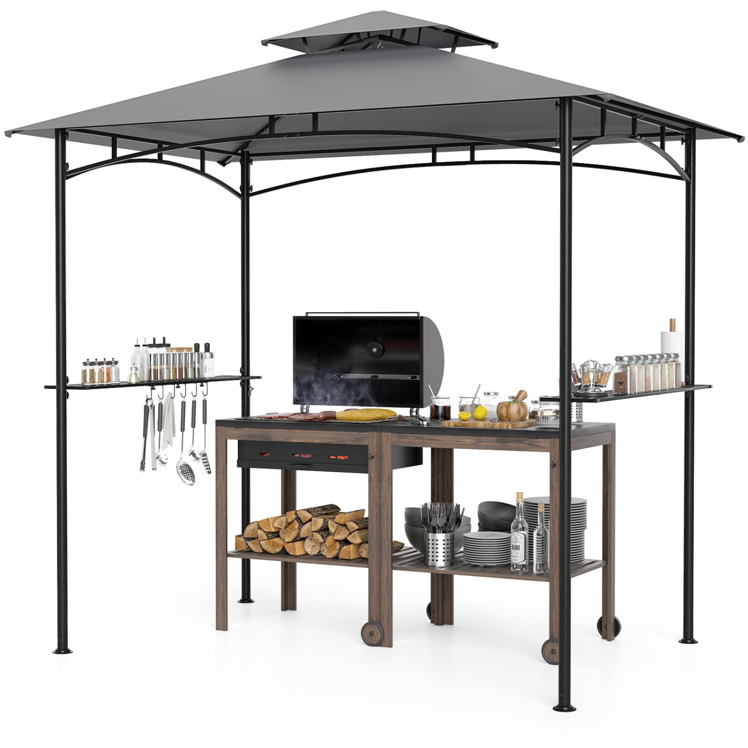 Gymax 8' x 5' Grill Gazebo Outdoor Double-Tiered Grill Canopy w/ 2 Shelves & 6 Hooks