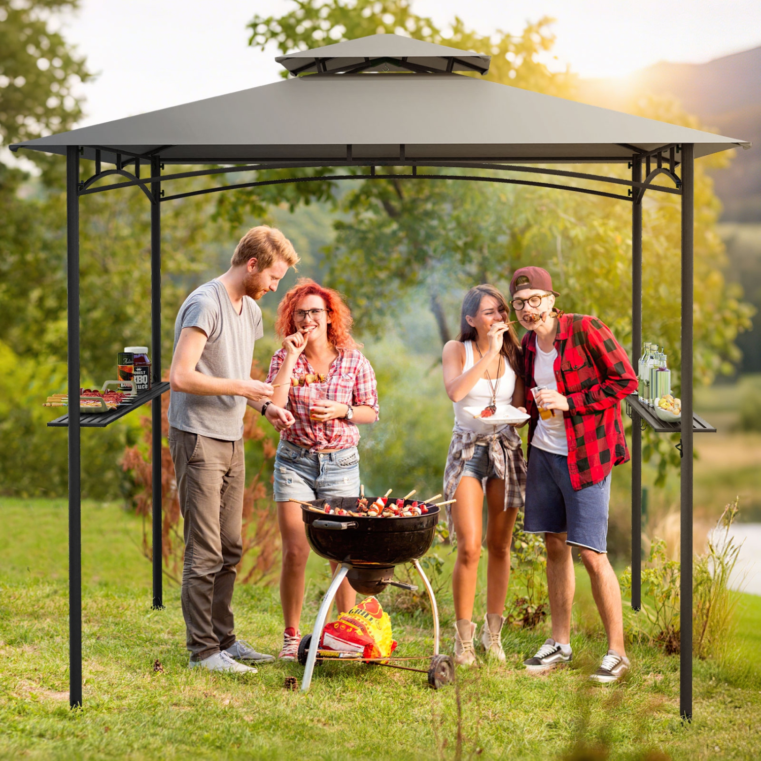 Gymax 8' x 5' Grill Gazebo Outdoor Double-Tiered Grill Canopy w/ 2 Shelves & 6 Hooks