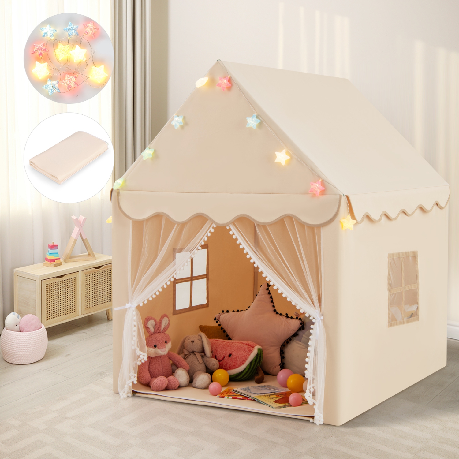 Gymax Kids Playhouse Tent Large Castle Fairy Tent?w/ Star Lights Mat Beige