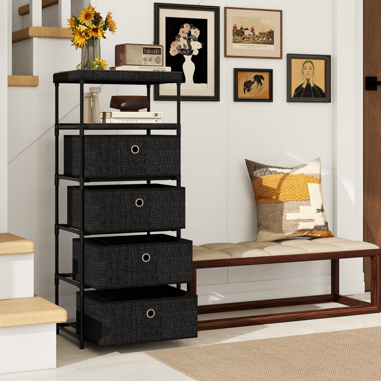 Gymax 4-Drawer Dresser w/ Shelf w/ Fabric Bins Industrial Storage Tower Unit