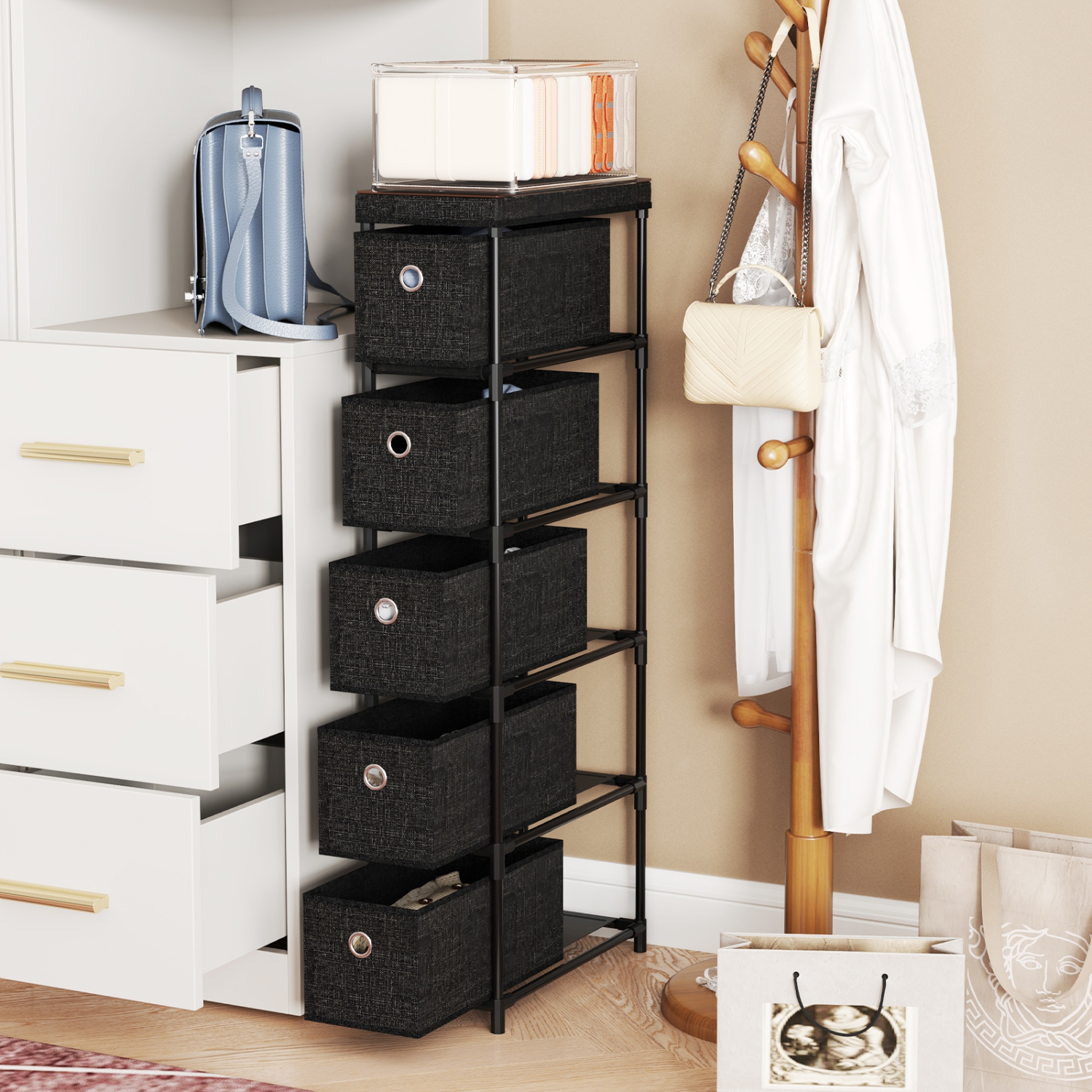 Gymax Slim Dresser w/ 5-Drawer Anti-tip Kits Space-Saving Chest of 5 Fabric Drawers