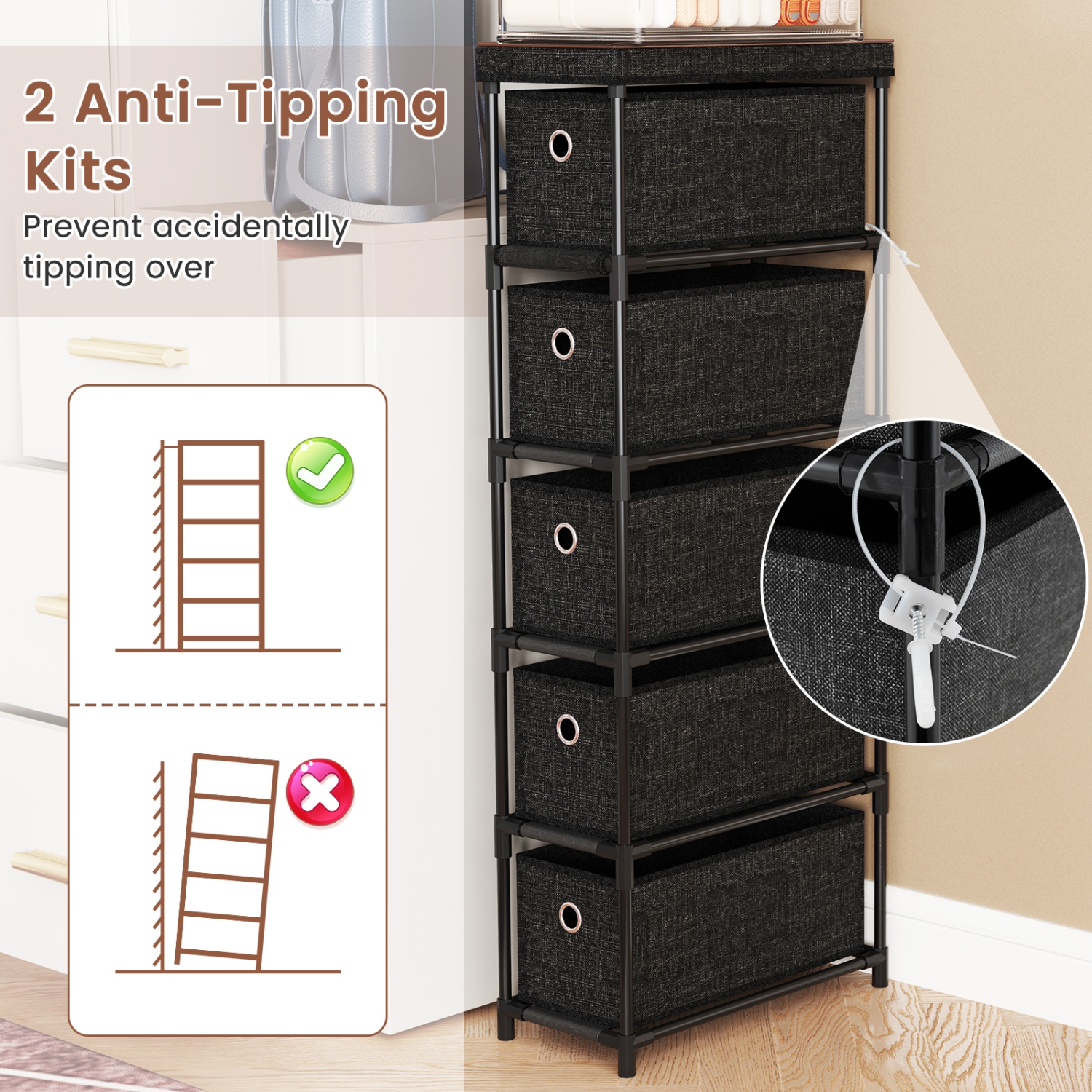 Gymax Slim Dresser w/ 5-Drawer Anti-tip Kits Space-Saving Chest of 5 Fabric Drawers