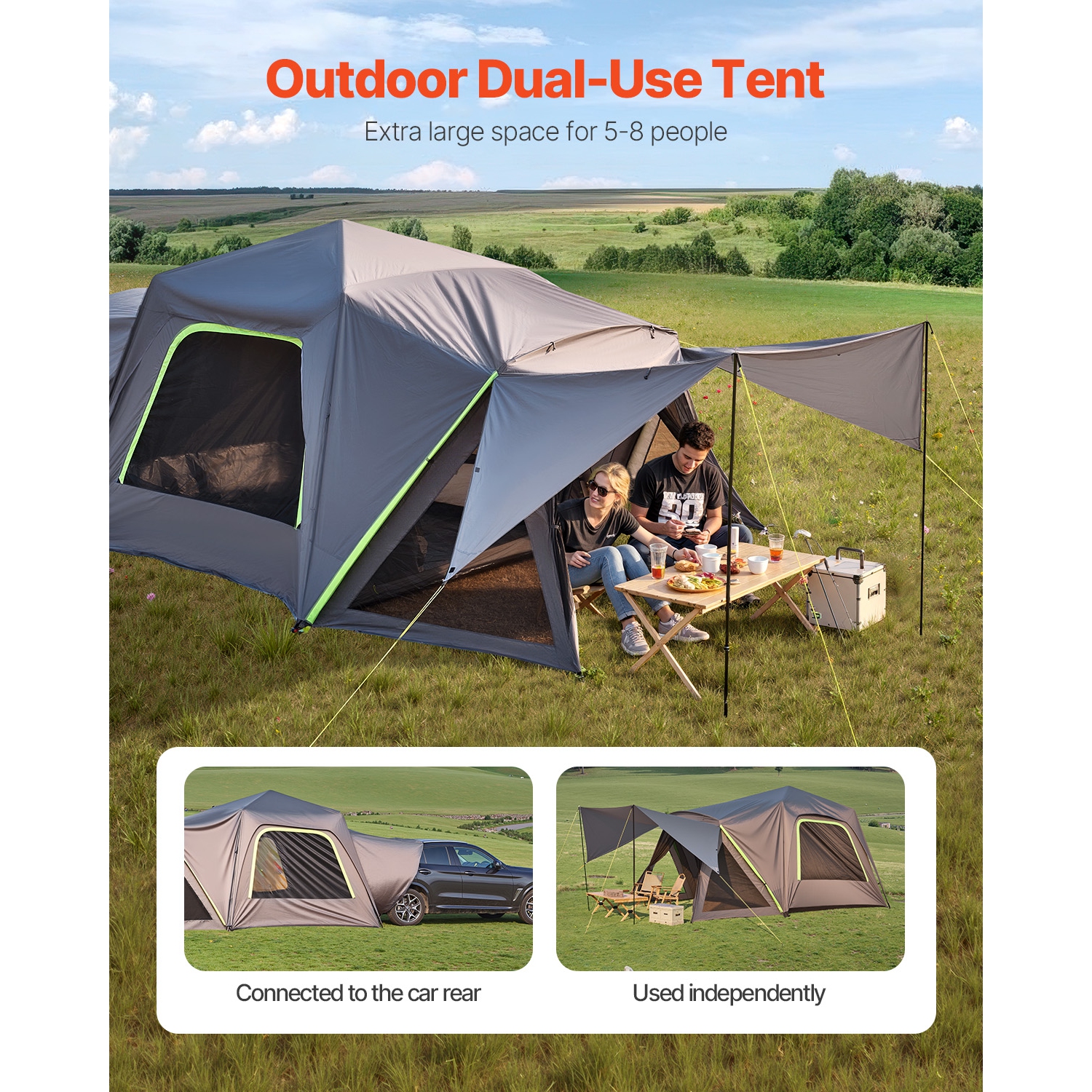 VEVOR 10FT Lx10FT W SUV Tent, Waterproof PU2000mm Spacious Double Layer Design for 5-8 Person, SUV Camping Tent with Shade Awning and Mesh Windows,