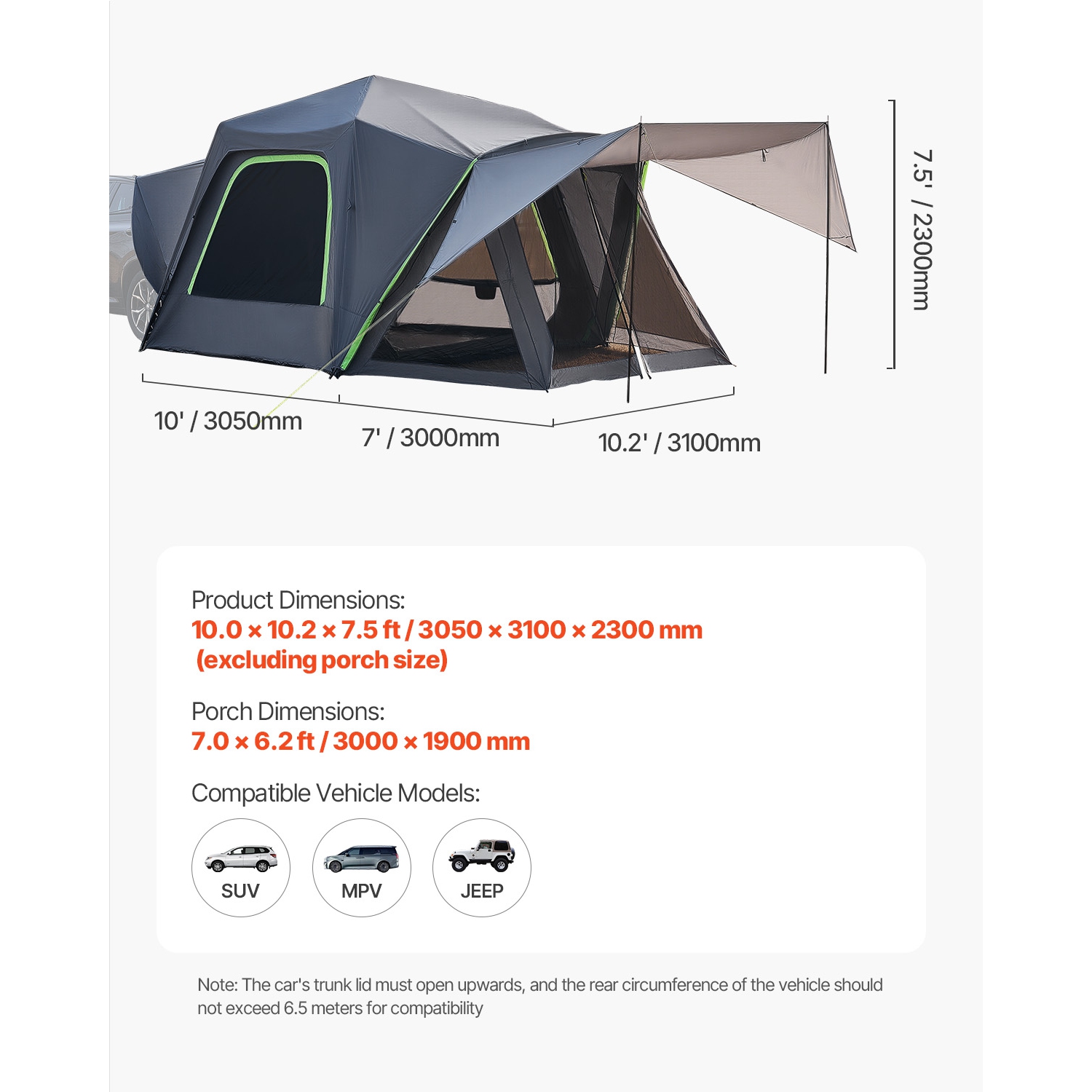 VEVOR 10FT Lx10FT W SUV Tent, Waterproof PU2000mm Spacious Double Layer Design for 5-8 Person, SUV Camping Tent with Shade Awning and Mesh Windows,