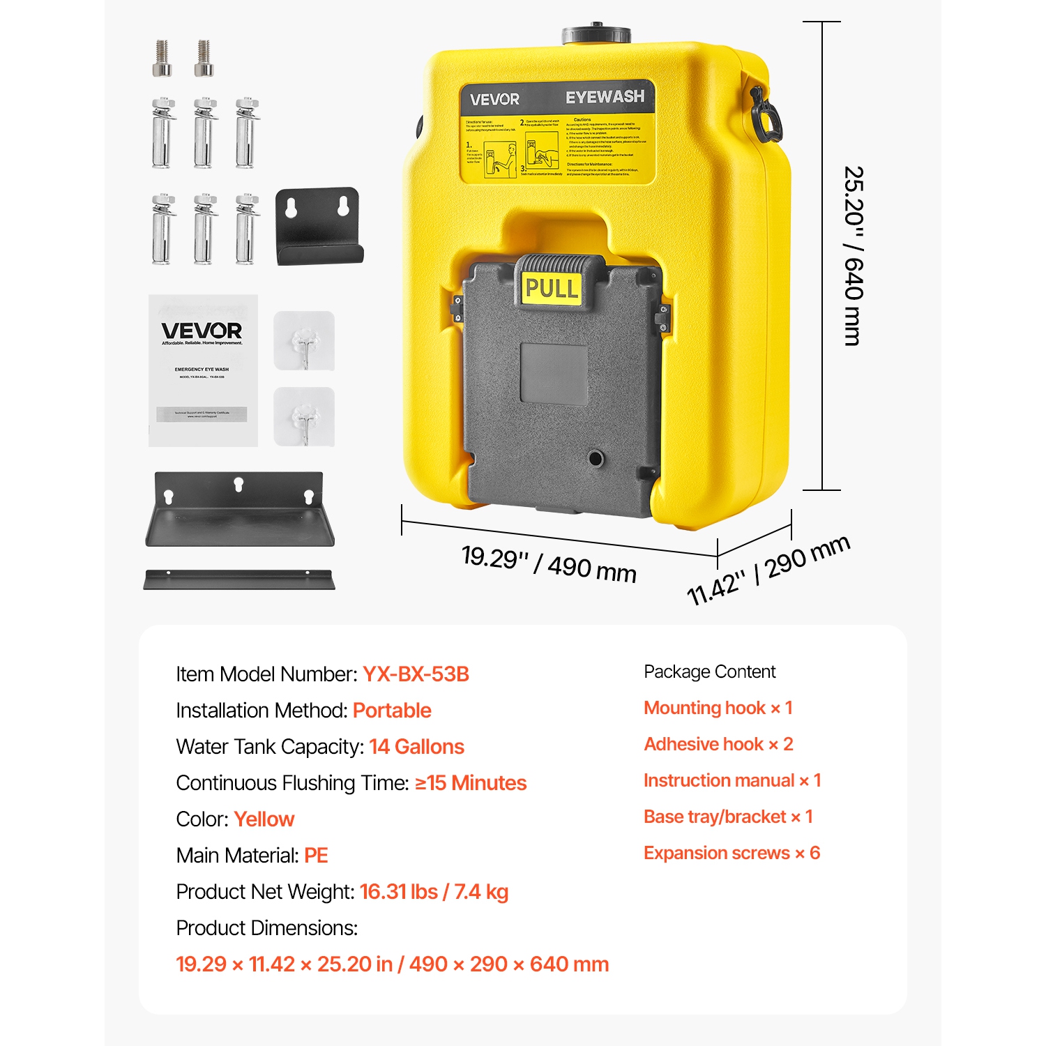 VEVOR 14 Gal Portable Eye Wash Station, OSHA-Approved Eyewash Station Wall-Mounted/On Flat Surface, Emergency Eye Wash Unit with 2 Sprays, First Aid