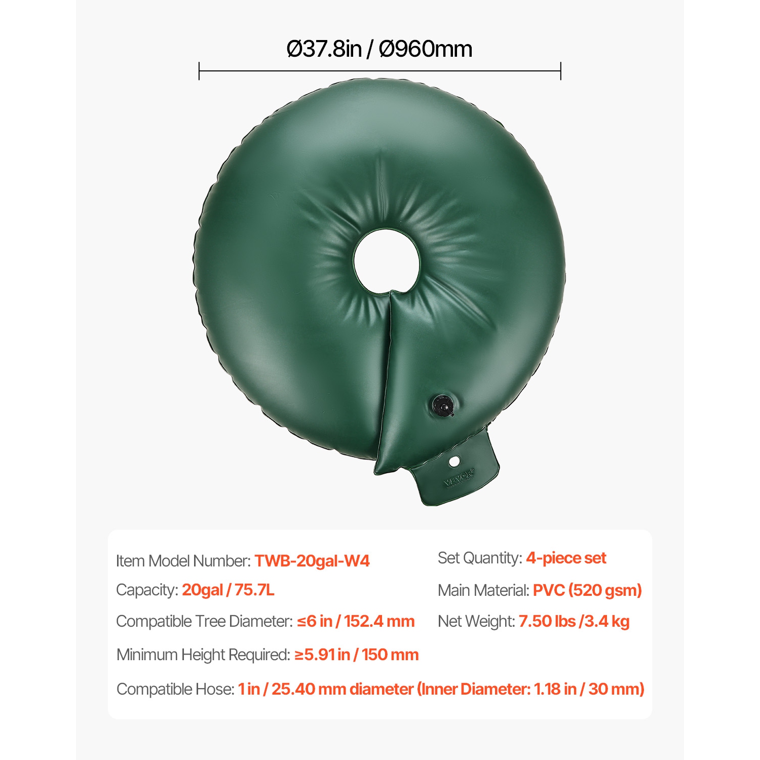 VEVOR 4 Pcs 20 Gallons Tree Watering Rings, 6-9 Hours Slow Release, Refillable Planting Water Bags, Water Saving, Heavy Duty Watering System for