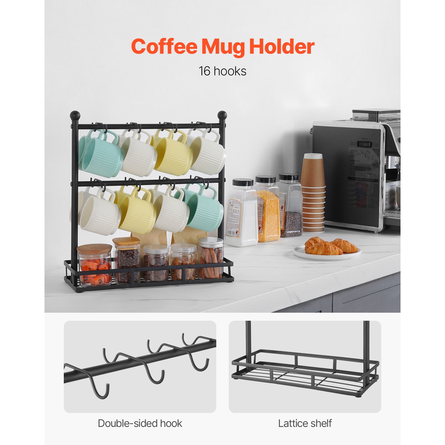 VEVOR 16 Hooks Coffee Mug Holder for Countertop, Coffee Cup Holder with Storage Base, 2 Tier Mugs Tree Rack Carbon Steel Mug Display Stand, for Home
