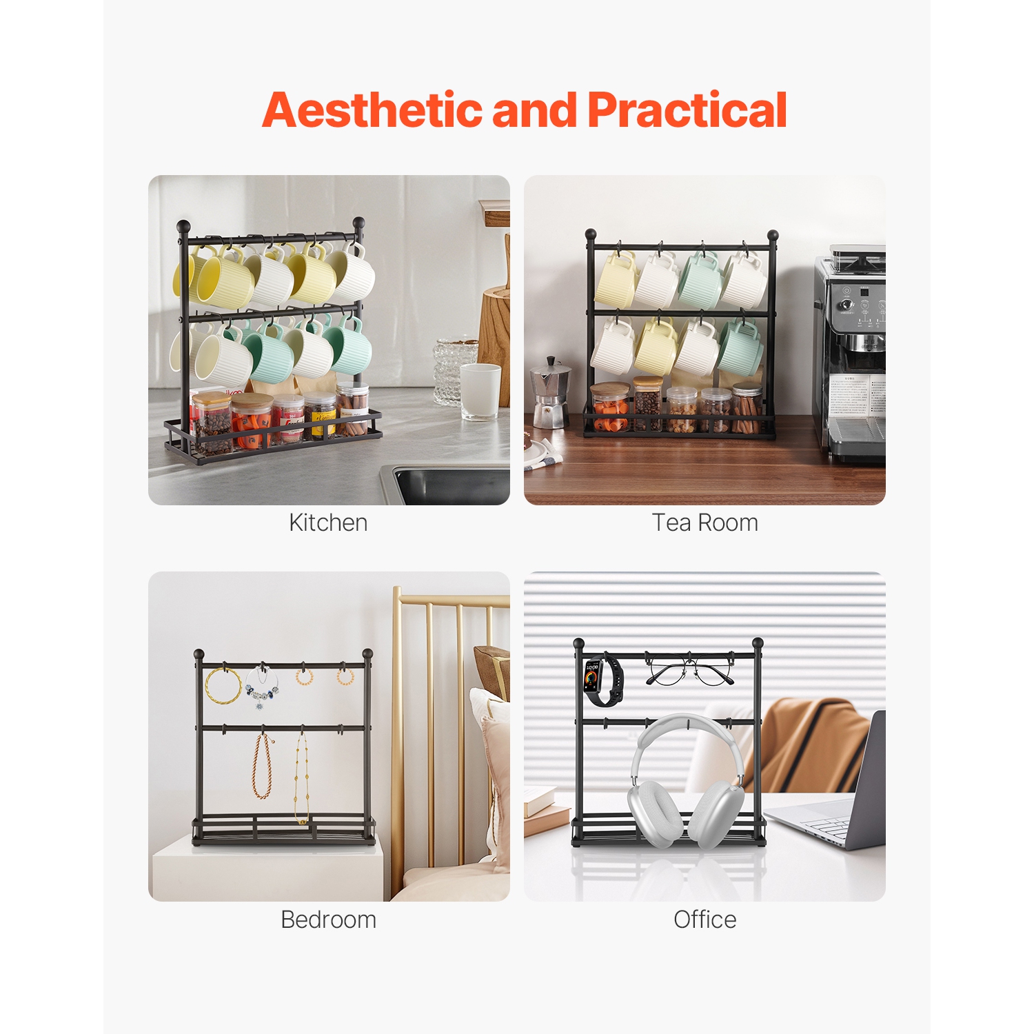 VEVOR 16 Hooks Coffee Mug Holder for Countertop, Coffee Cup Holder with Storage Base, 2 Tier Mugs Tree Rack Carbon Steel Mug Display Stand, for Home