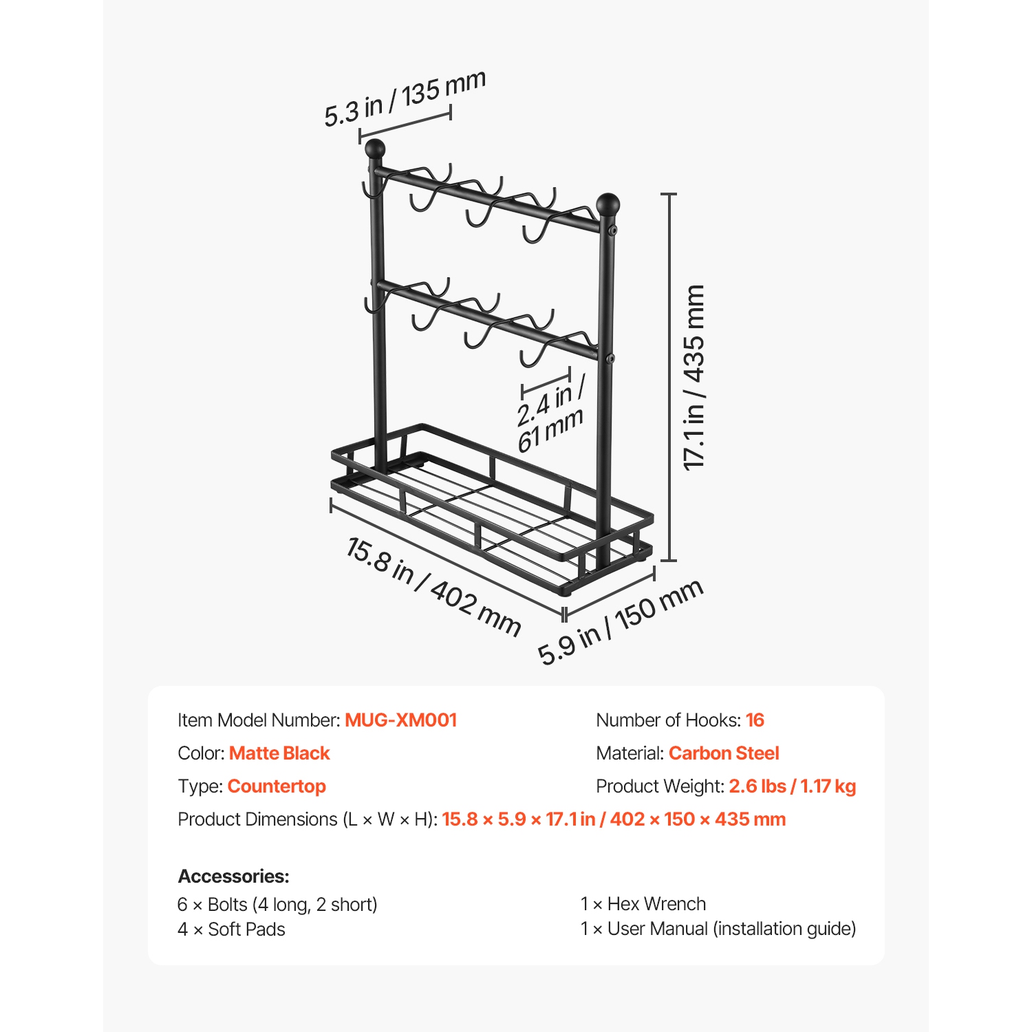 VEVOR 16 Hooks Coffee Mug Holder for Countertop, Coffee Cup Holder with Storage Base, 2 Tier Mugs Tree Rack Carbon Steel Mug Display Stand, for Home