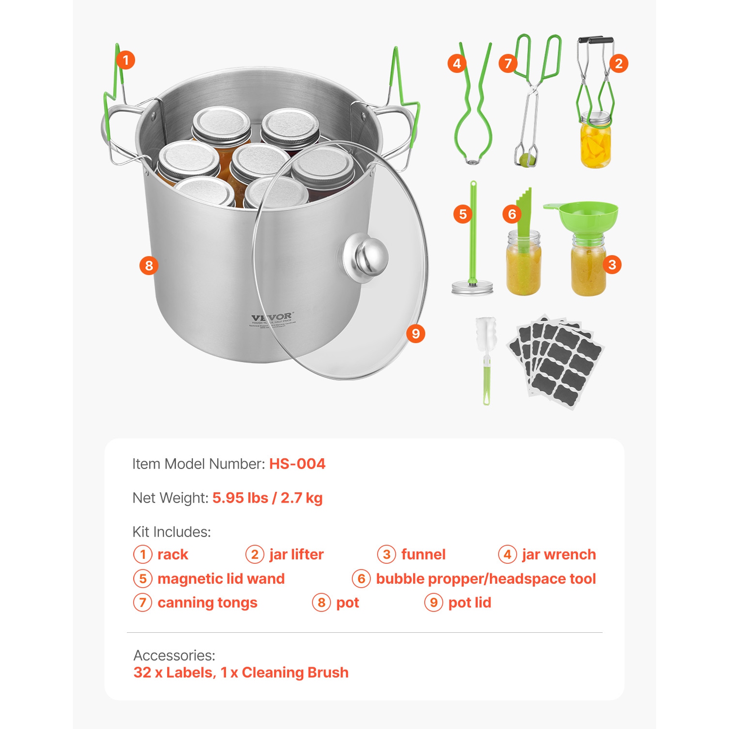 VEVOR 9 Pieces Canning Supplies Starter Kit, Stainless Steel Water Bath Canning Kit for Beginners, Canning Tools Set: Pot, Rack, Lid, Funnel, Tongs,