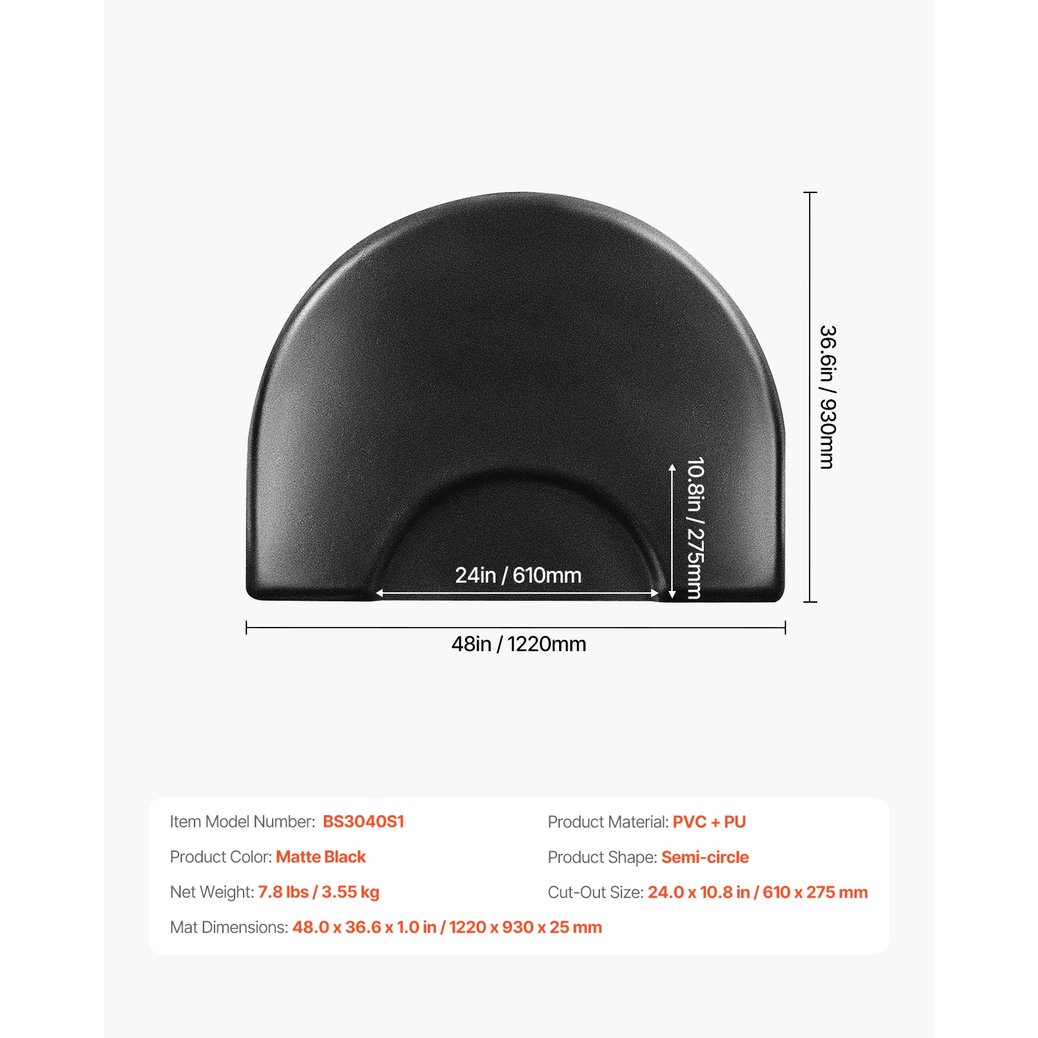 VEVOR 3 x 4 FT Salon Mat for Hair Stylist, Semi-circle, 1-inch Thickened Anti Fatigue Floor Mat with Round Cut Out, Easy-to-Clean PVC Surface &