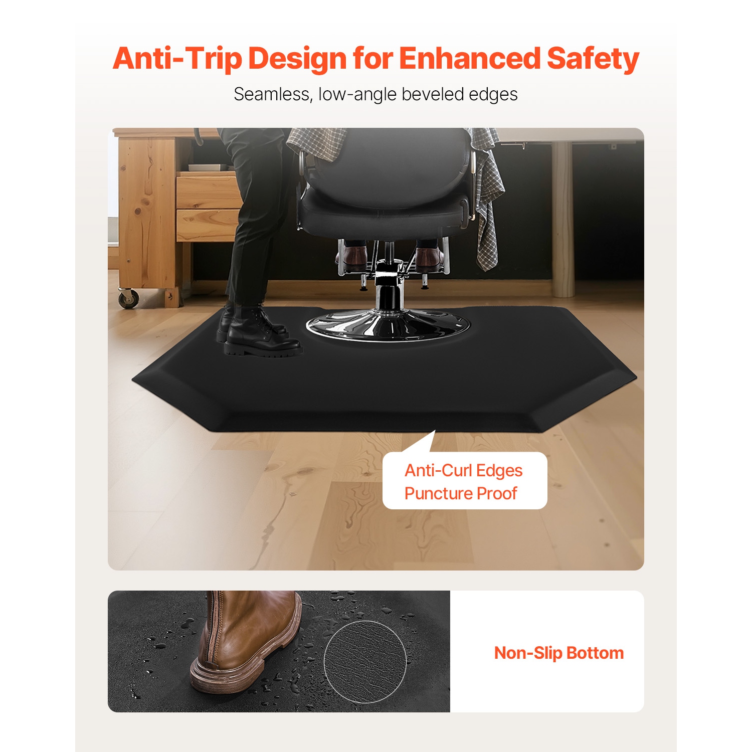 VEVOR 4 x 5 FT Salon Mat for Hair Stylist, Hexagon Mat Anti Fatigue, 1-inch Thickened Floor Mat with Round Cut Out, Easy-to-Clean PVC Surface &