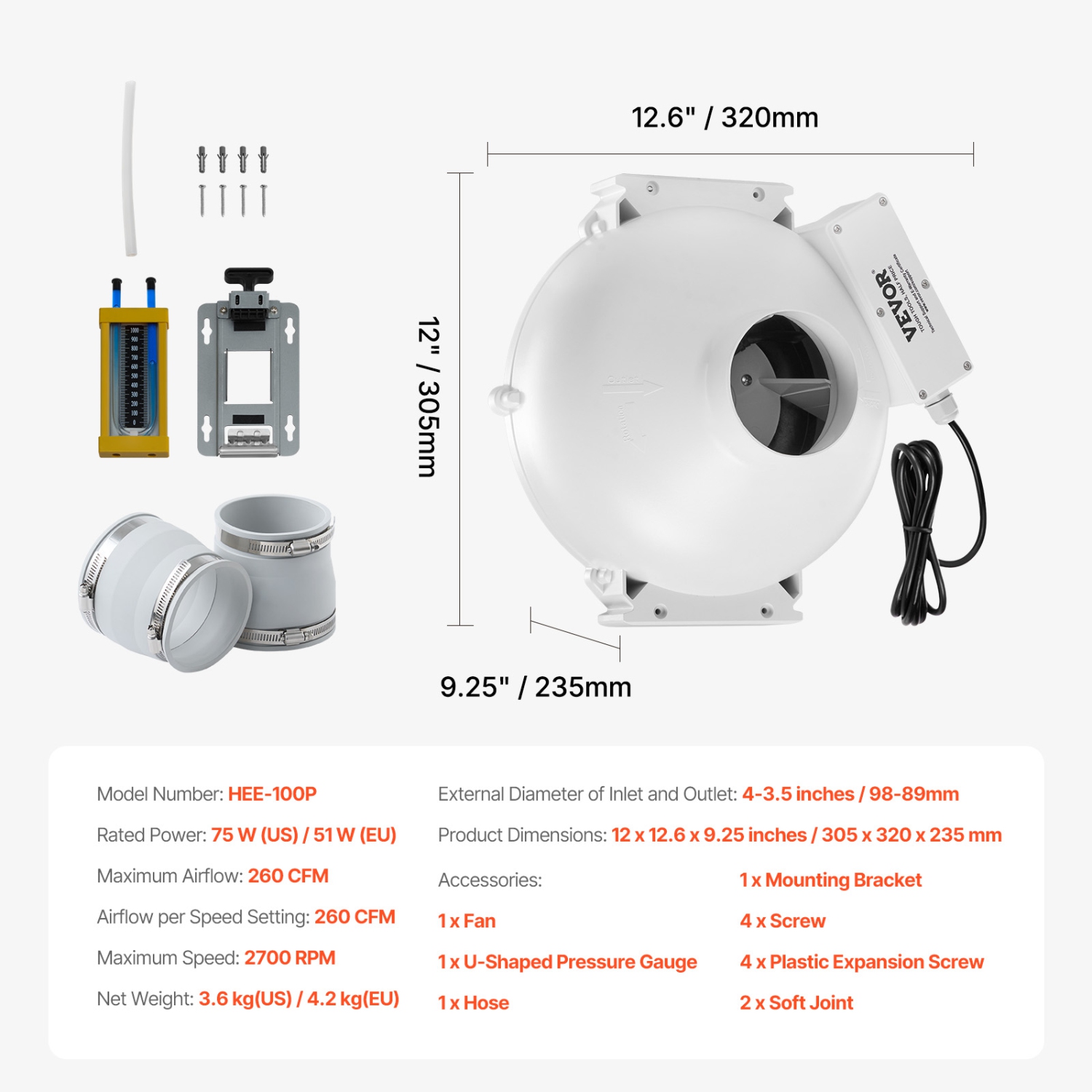 VEVOR 4 to 3.5 inch Radon Fan Installation Kit, Quiet 260CFM Kit with 2 Couplers, Pressure Indicator, Waterproof Inline Duct Fan Exhaust Fan for
