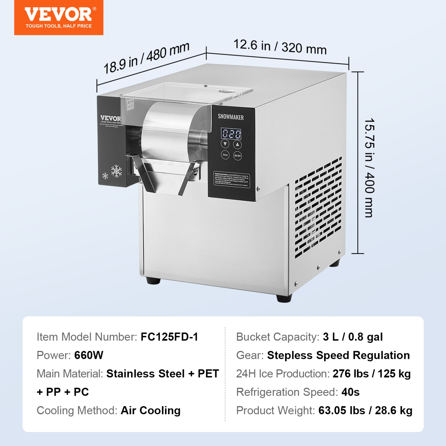 VEVOR 276LBS/24H Commercial Snowflake Ice Machine, Stainless Steel Ice Shaver Machine, Electric Snow Cone Maker, Air Cooling System for Rapid Heat