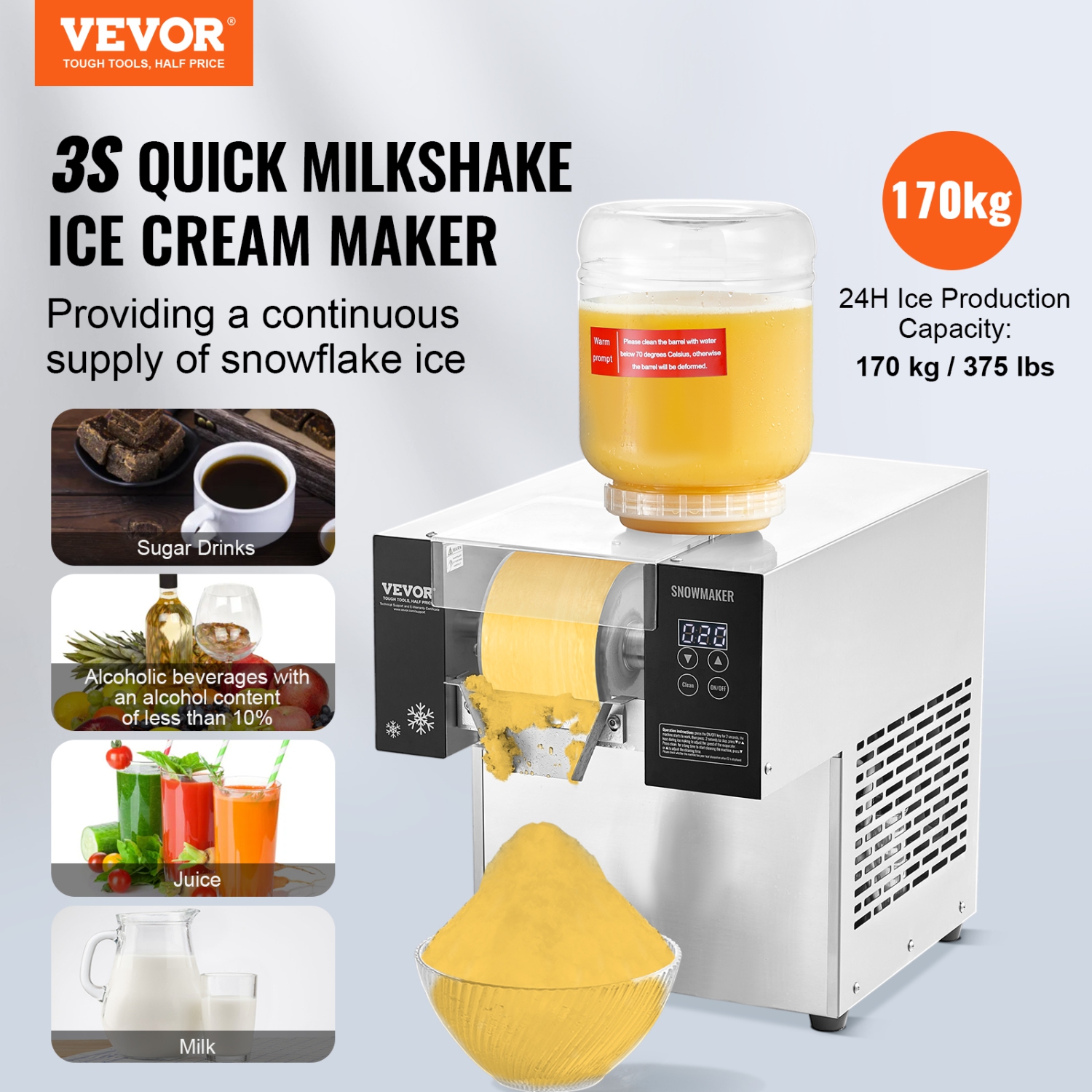 VEVOR 375LBS/24H Commercial Snowflake Ice Machine, Stainless Steel Ice Shaver Machine, Electric Snow Cone Maker, Air Cooling System for Rapid Heat