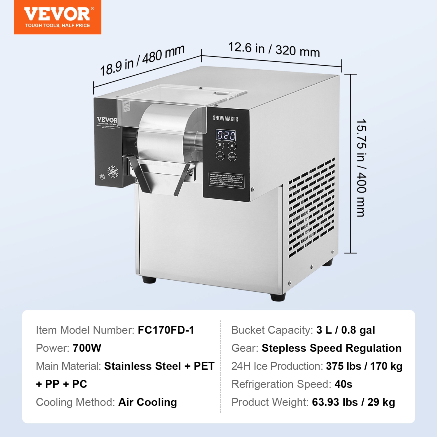 VEVOR 375LBS/24H Commercial Snowflake Ice Machine, Stainless Steel Ice Shaver Machine, Electric Snow Cone Maker, Air Cooling System for Rapid Heat