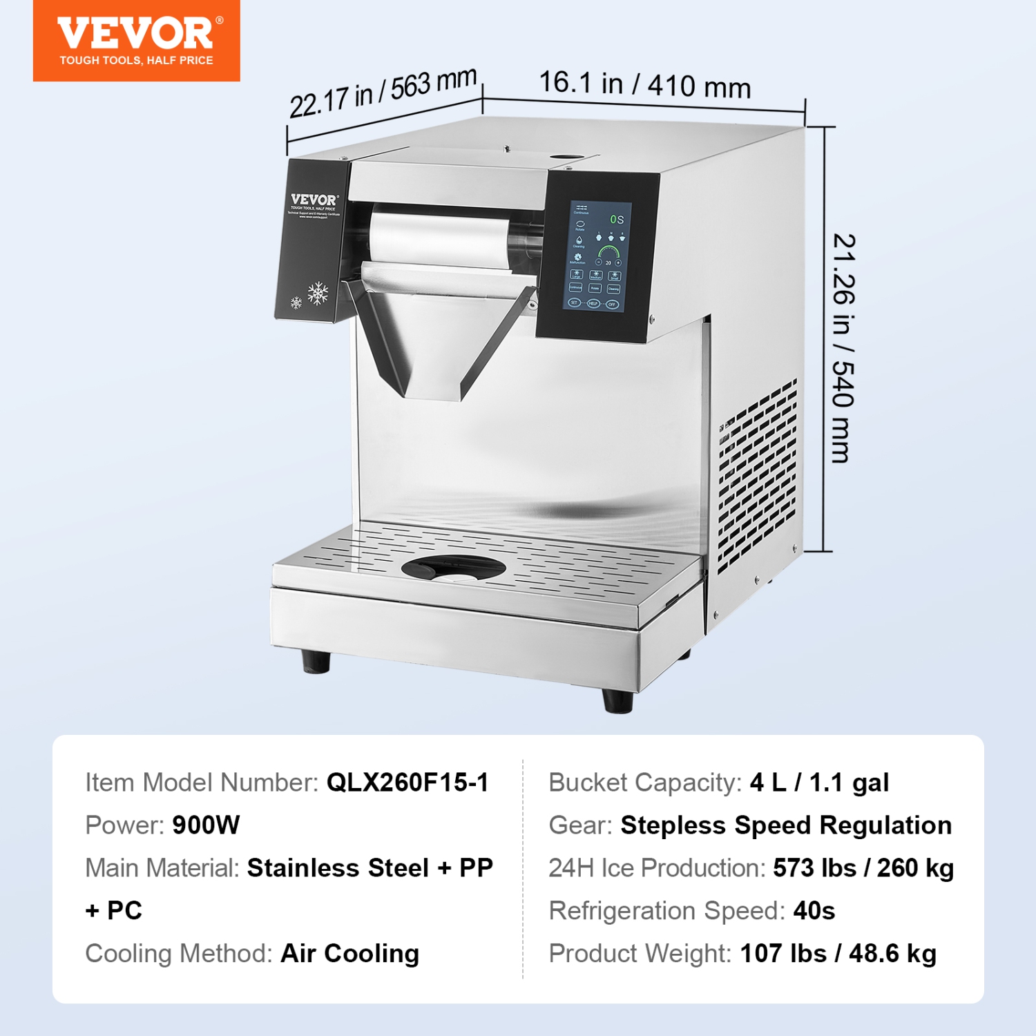 VEVOR 573LBS/24H Commercial Snowflake Ice Machine, Stainless Steel Ice Shaver Machine, Electric Snow Cone Maker, Air Cooling System for Rapid Heat